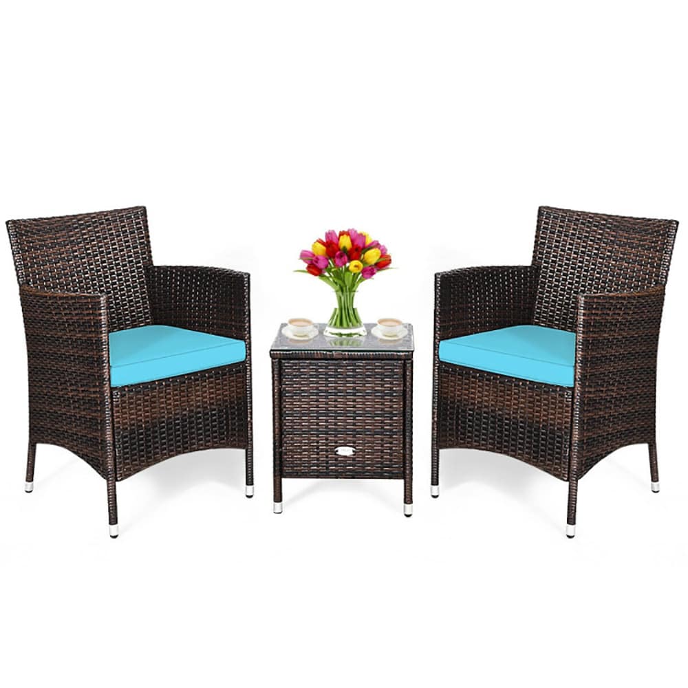 CASAINC CR-DJMC1102S300 Ergonomic Wicker Patio Conversation Set 3 -Piece Rattan Patio Conversation Set with Blue Cushions