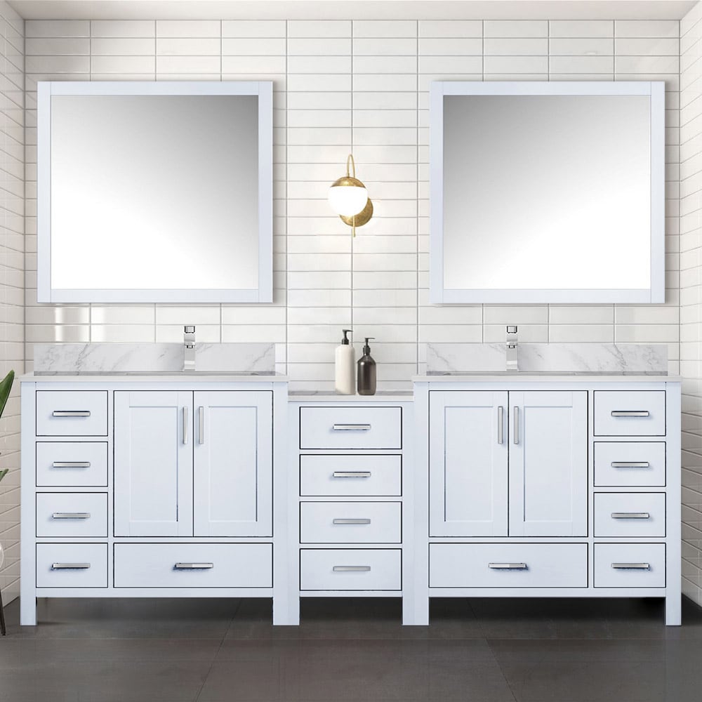 Lexora LVOP92DA111 Opal 92-in White Undermount Double Sink Bathroom Vanity with White Carrara Marble Top (Mirror and Faucet Included)