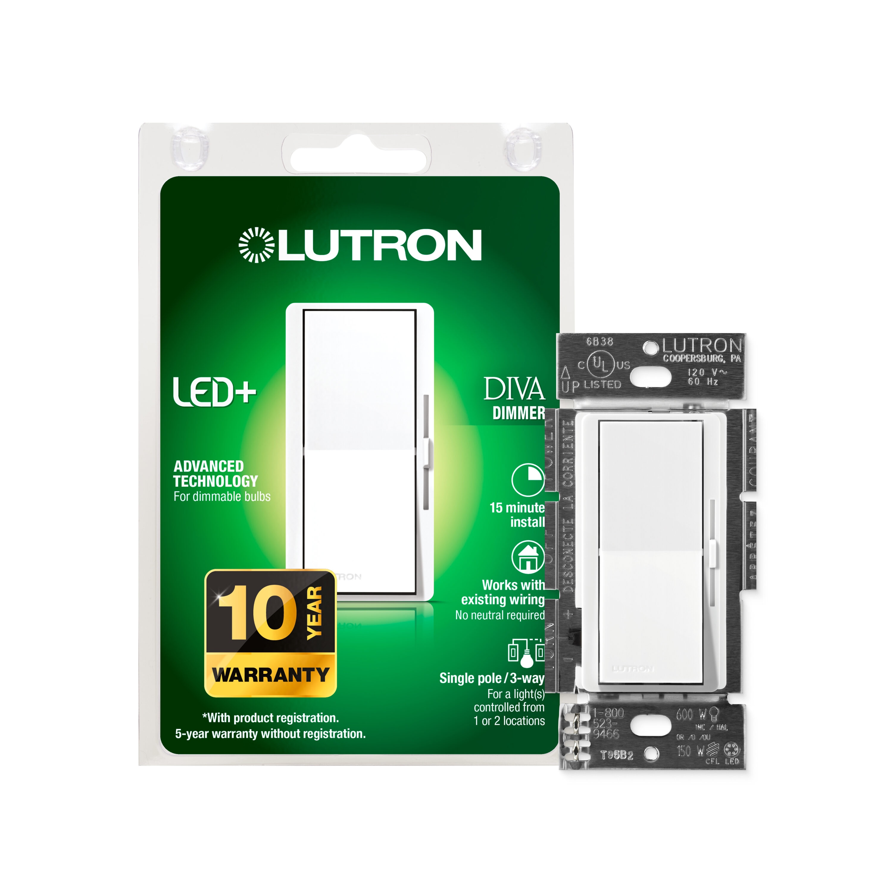 Lutron DVCL-153PH-WH Diva LED+ Single-pole/3-way LED Rocker Light dimmer switch White