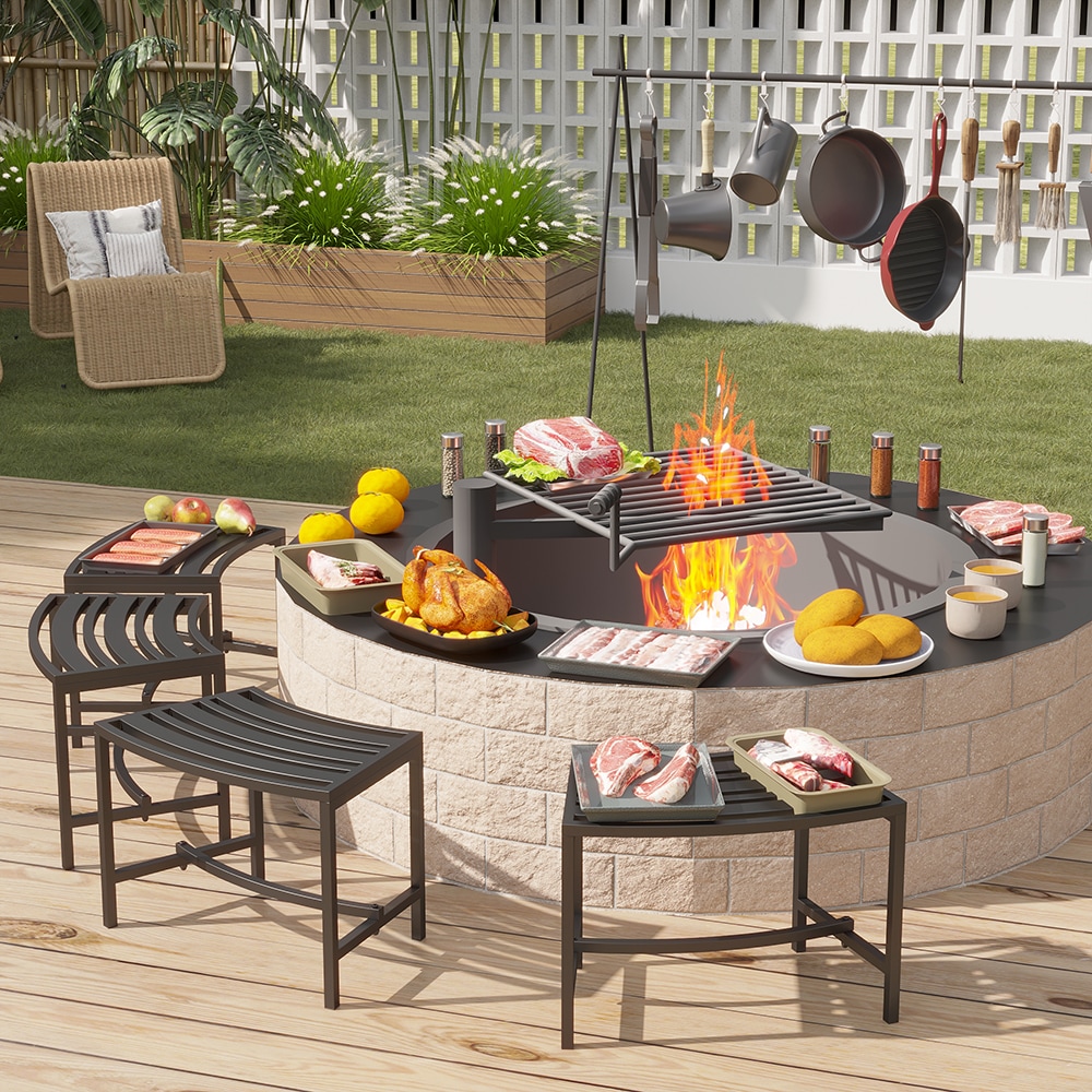 Homsee C-KF390083-01 Set of 4 Outdoor Curved Metal Chairs Iron Backless Slatted Seat with Smooth Surface for Fire Pit or Patio Use 23.9''L x 13.5''W x 15.7''H Black