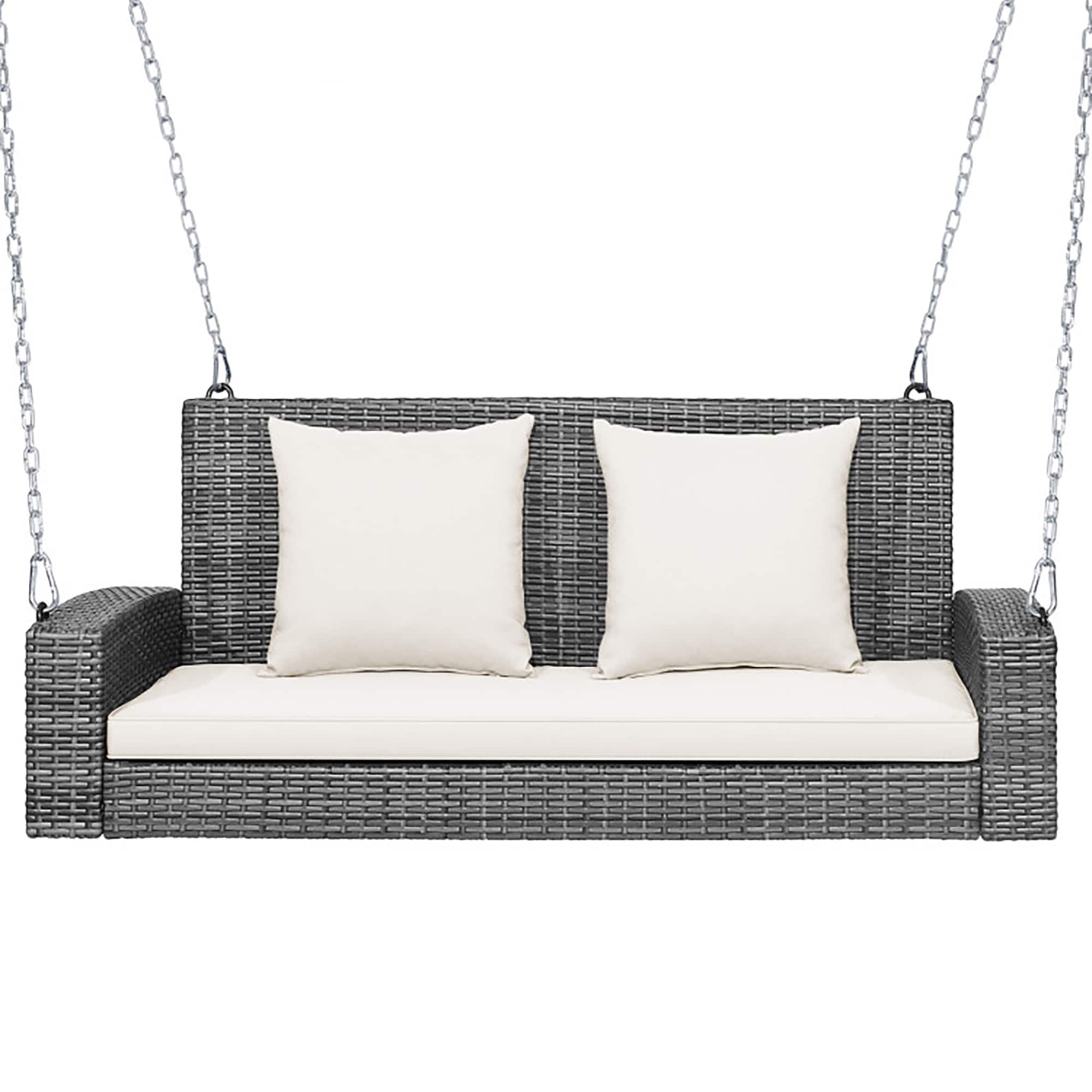Gray Steel Frame Porch Swing with White Cushions