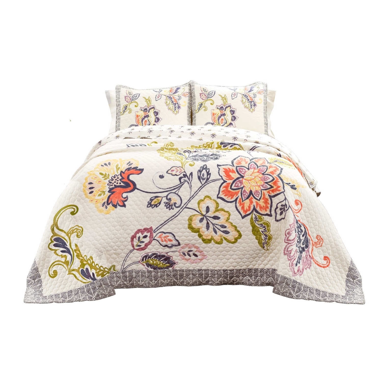 Aster Coral and Navy Reversible Cotton King Quilt Set