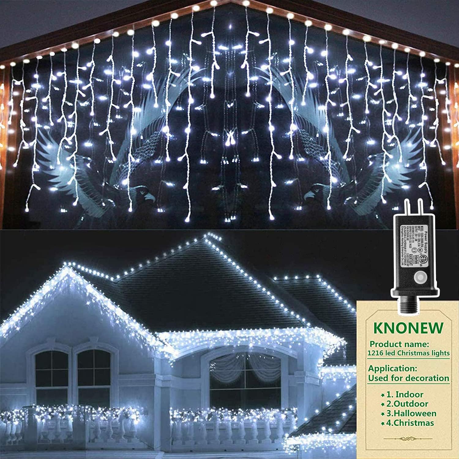Etokfoks  1216 LED 99FT White Curtain Christmas Lights 228 Drops Clear Wire 8 Lighting Modes 1 Pack Indoor Outdoor Holiday Wedding Party Decor