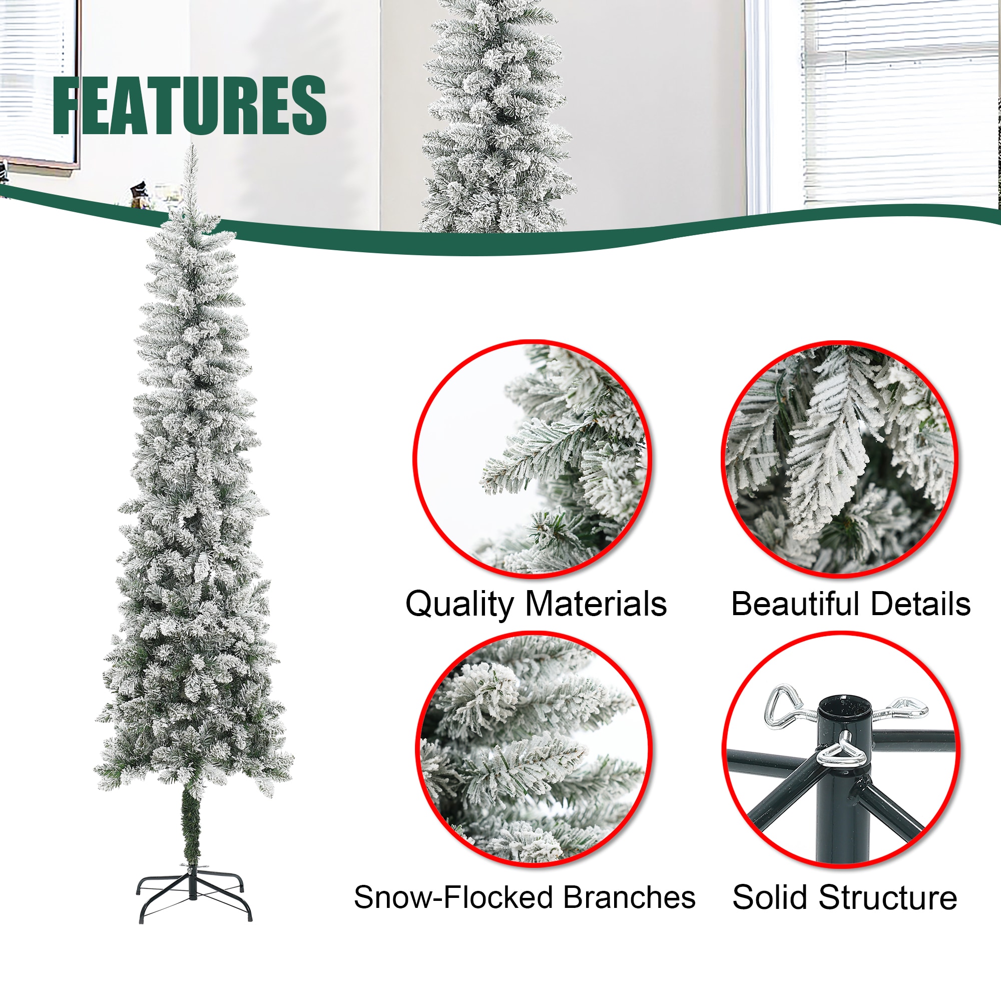 7.4ft Slim Flocked Green PVC Christmas Tree with Metal Stand