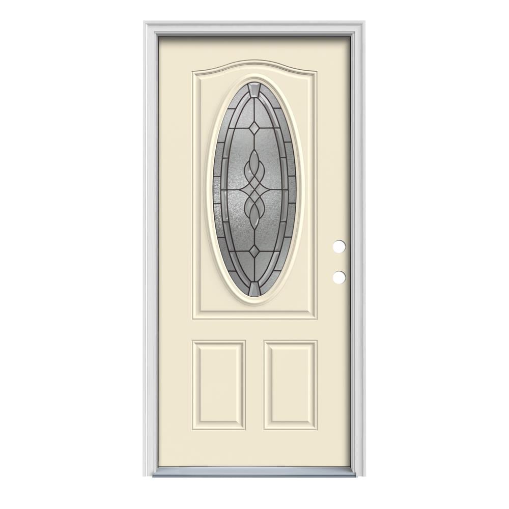 JELD-WEN LOWOLJW166800148 Hampton 36-in x 80-in x 4-9/16-in Steel Oval Lite Left-Hand Inswing Bisque Painted Prehung Front Door with Brickmould Insulating Core
