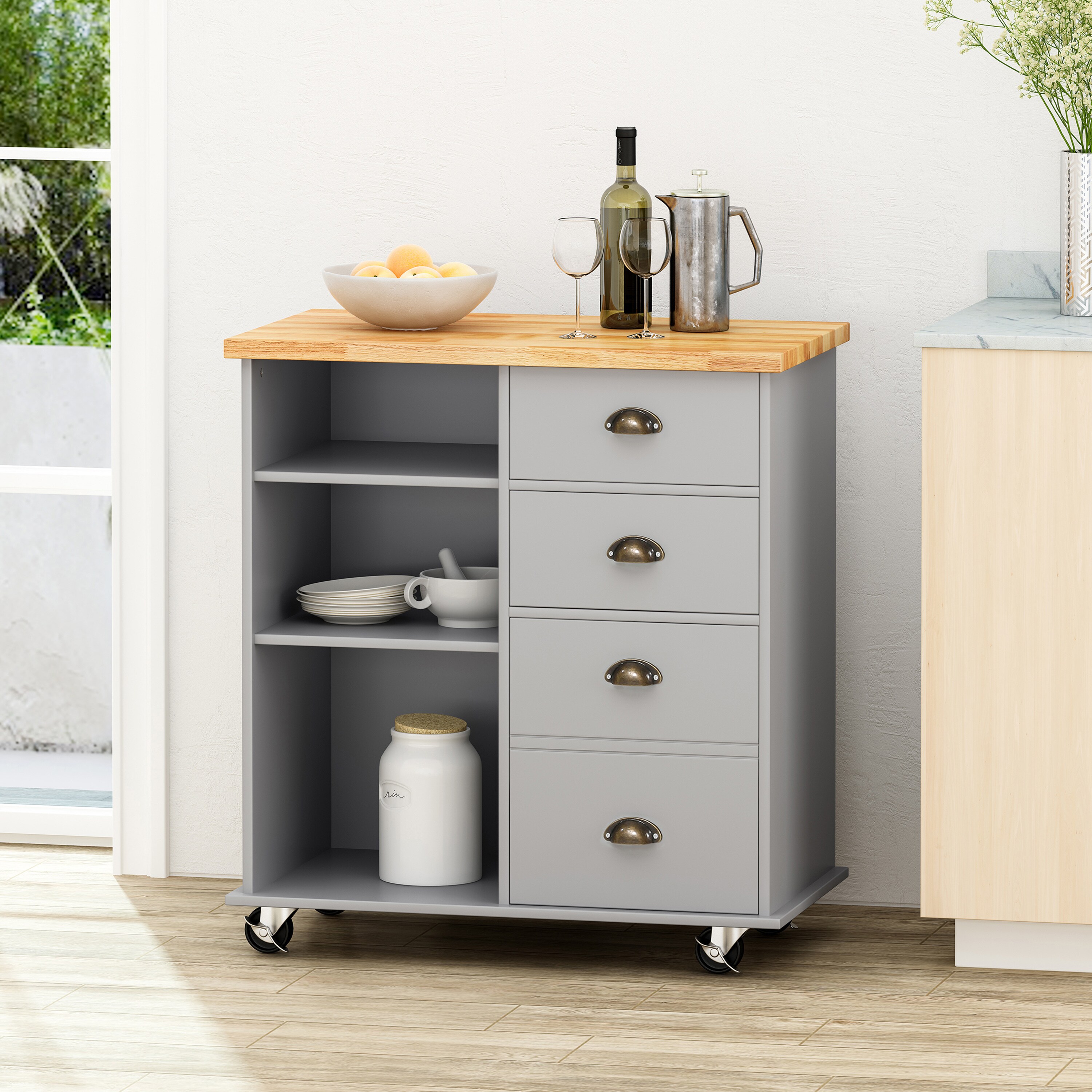 LOVMOR SF-H-67757.00NATGRY Kitchen Island Cart with StorageRolling Side Table on Wheels with Large Worktop Cabinet with Drawers for KitchenDinning Room