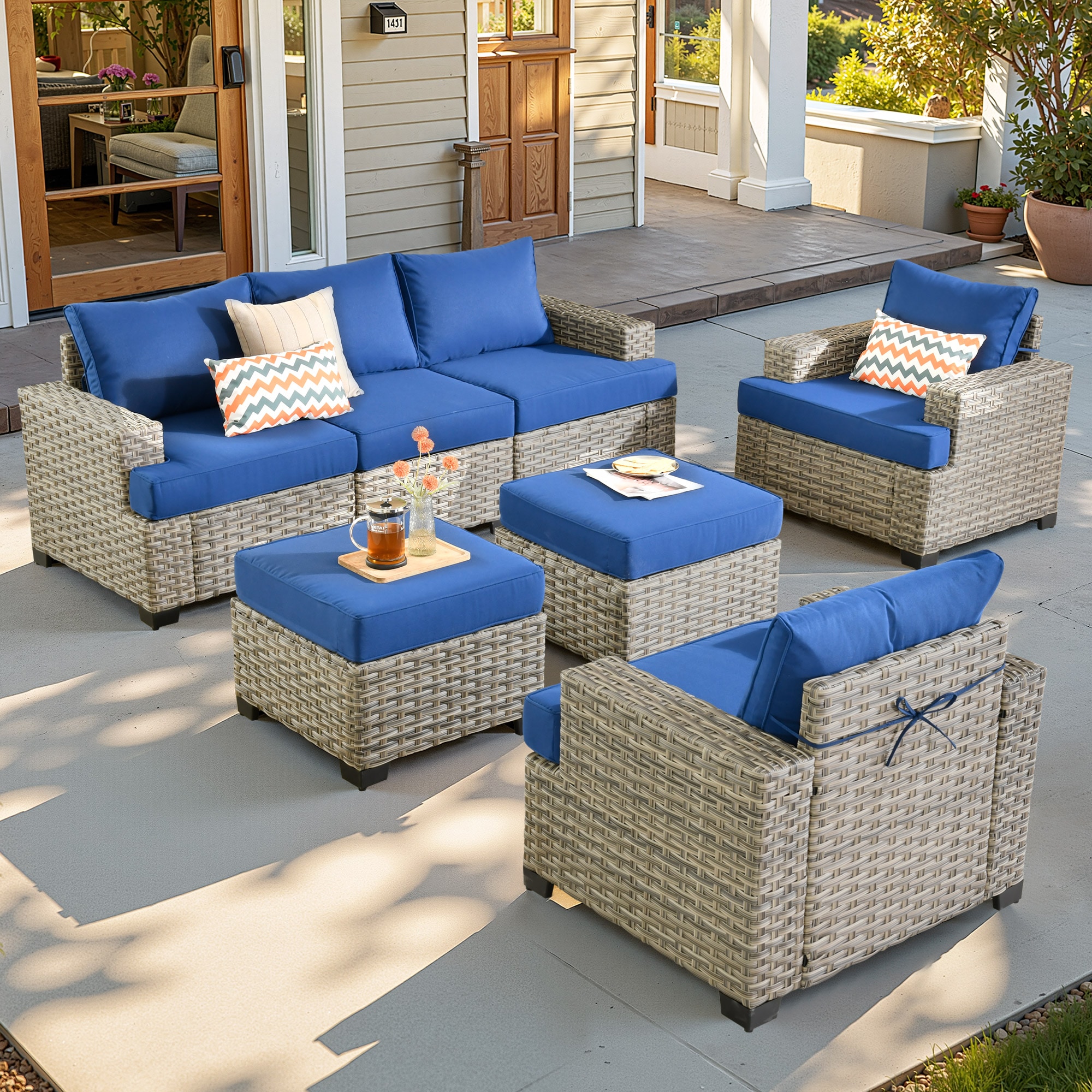 ALTRIGUS 6L-TBS707-AL 7 -Piece Wicker Patio Sofa Conversation Set with Navy Cushions