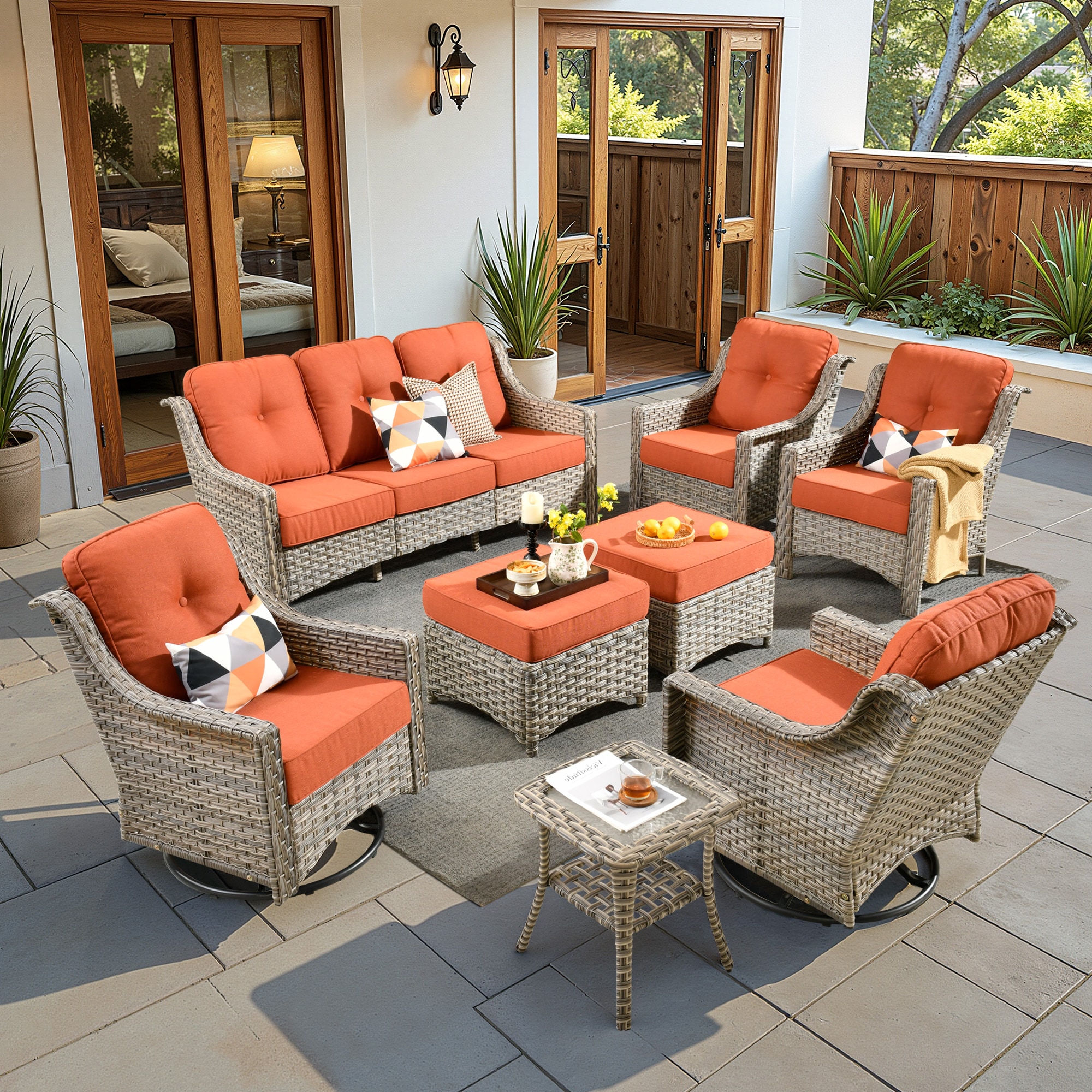 ALTRIGUS 6L-YZPAD80C8-AL 8 -Piece Wicker Patio Sofa Conversation Set with Orange Cushions
