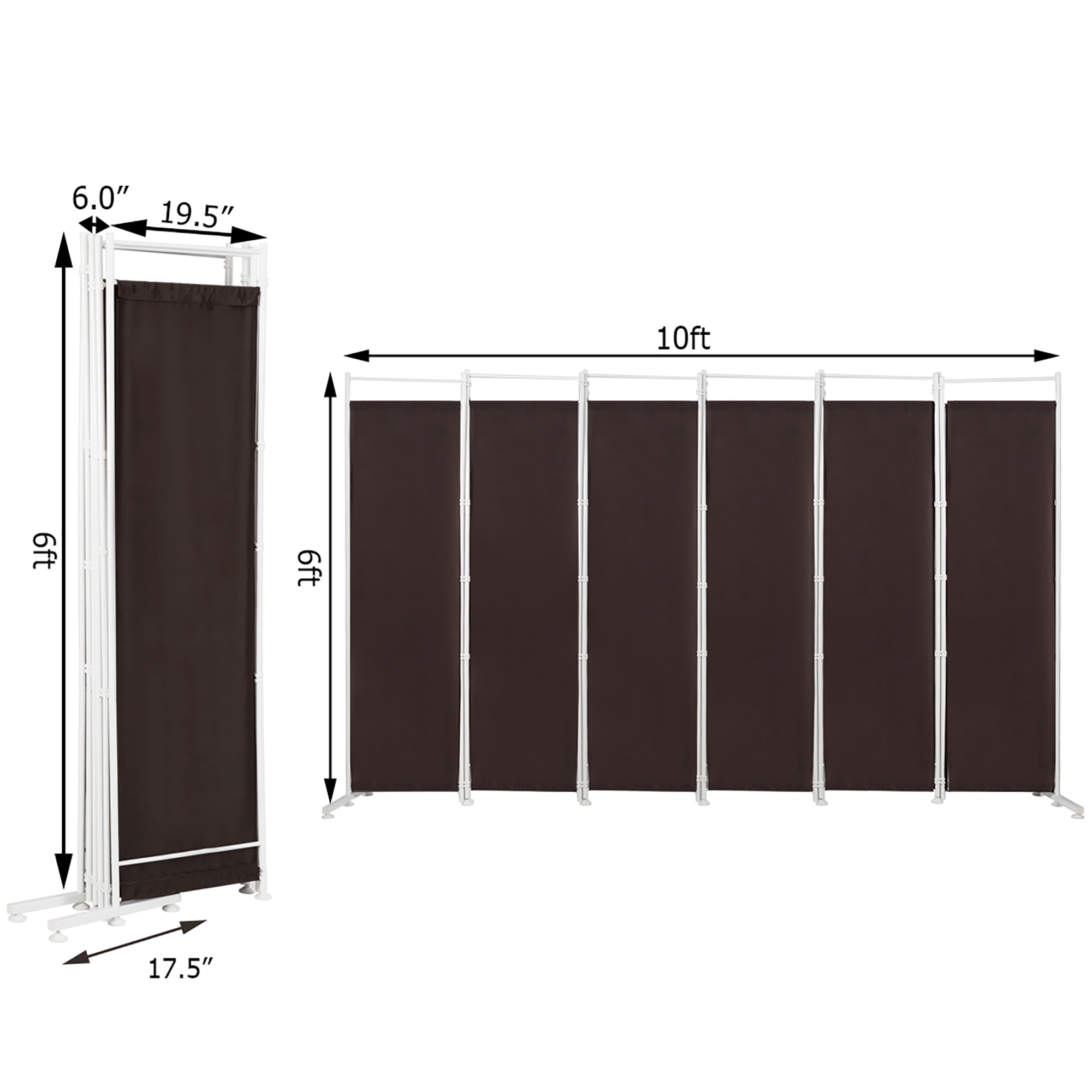 Brown Polyester 6-Panel Folding Room Divider with Steel Frame
