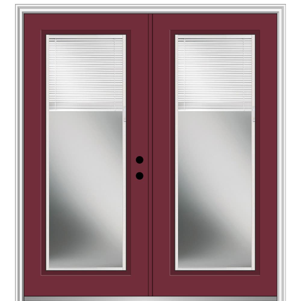 MMI DOOR ZZ09169L 60-in x 80-in x 4-9/16-in Fiberglass Full lite Left-hand inswing Burgundy Painted Prehung Double Front Door with Brickmould Insulating core with Blinds