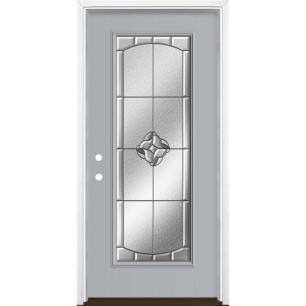 Masonite 3423270 Rozet 36-in x 80-in x 4-9/16-in Fiberglass Full lite Right-hand inswing Infinity Gray Painted Prehung Front Door with Brickmould Insulating core
