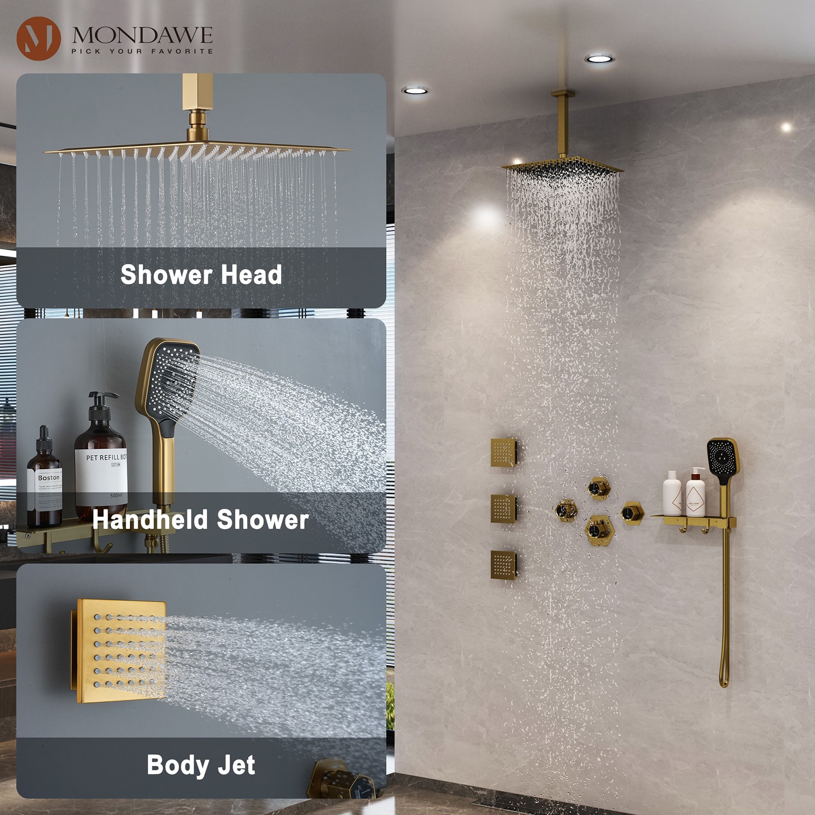Mondawe WF-6347-BG Showerhead-Bar-Panels - View #7