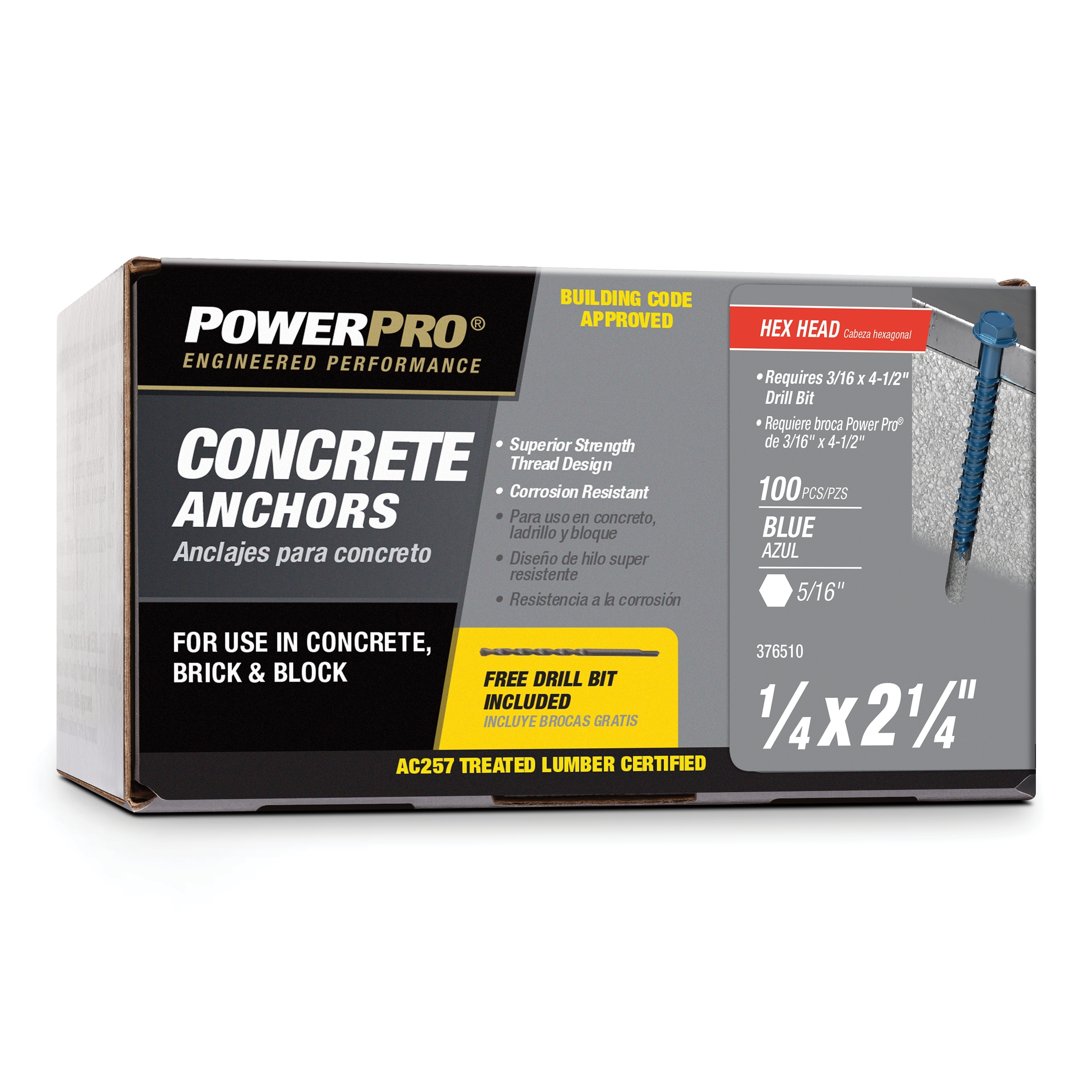 Power Pro 376510 375-lb 1/4-in x 2-1/4-in Concrete Screws Anchors 100 -Pack