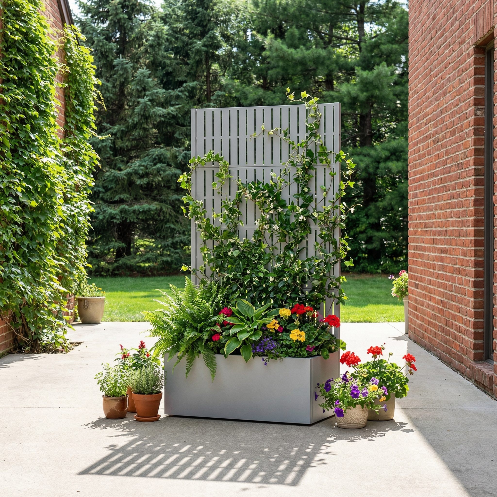 Gray 59 x 30 inch Rectangular Metal Outdoor Planting Box with Trellis