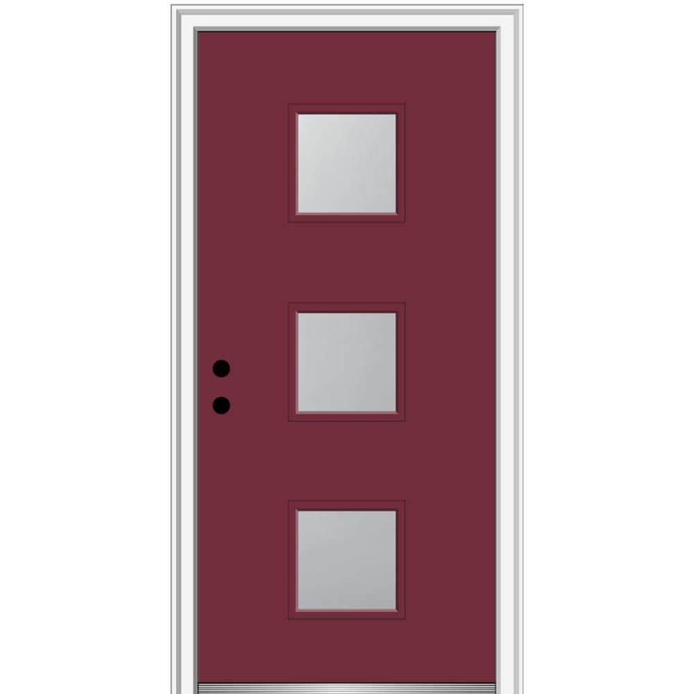 MMI DOOR ZZ347481R Spotlights 32-in x 80-in x 4-9/16-in Fiberglass Pulse lite Right-hand inswing Burgundy Painted Prehung Front Door with Brickmould Insulating core