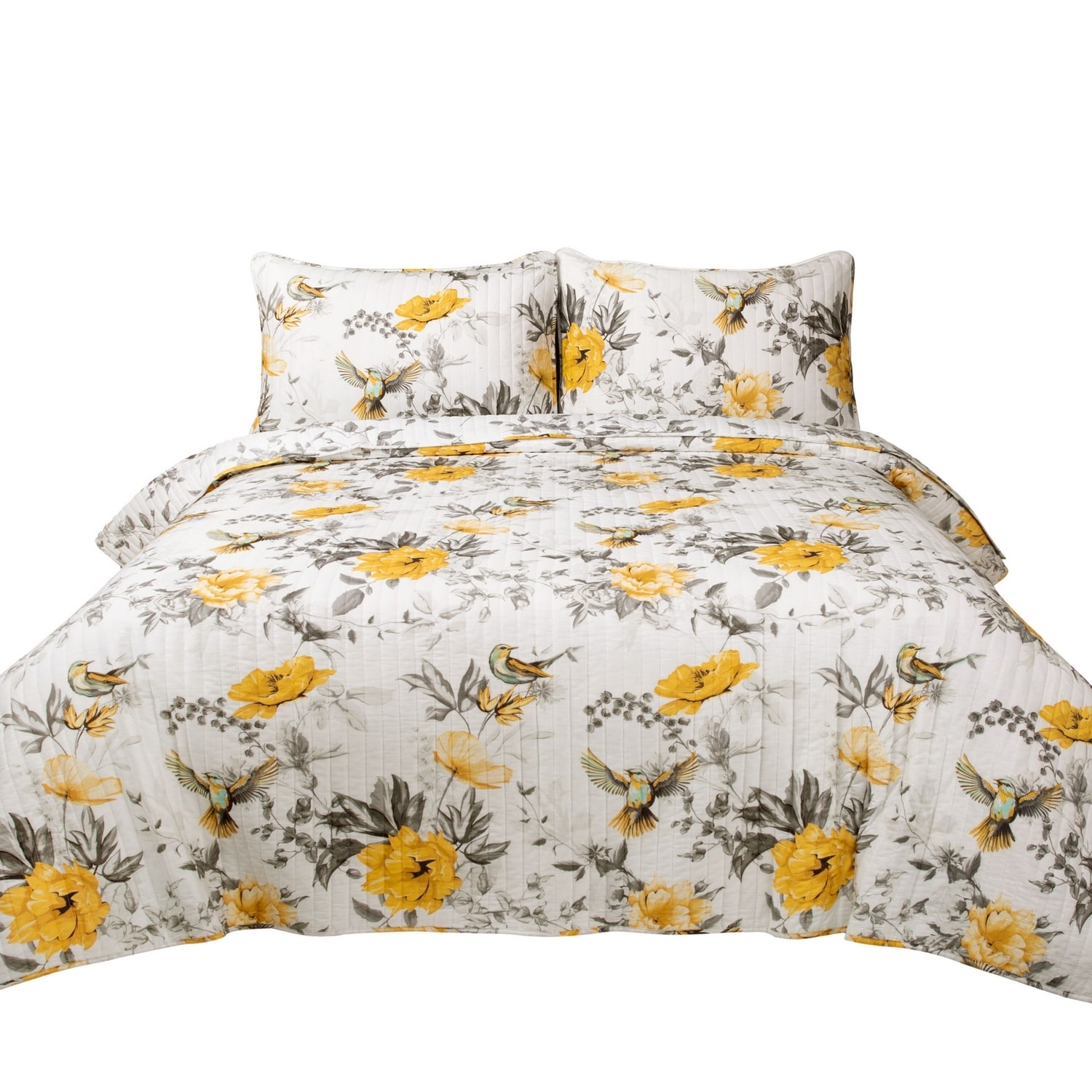 Gray and Yellow Cotton Floral Reversible Full Quilt Set