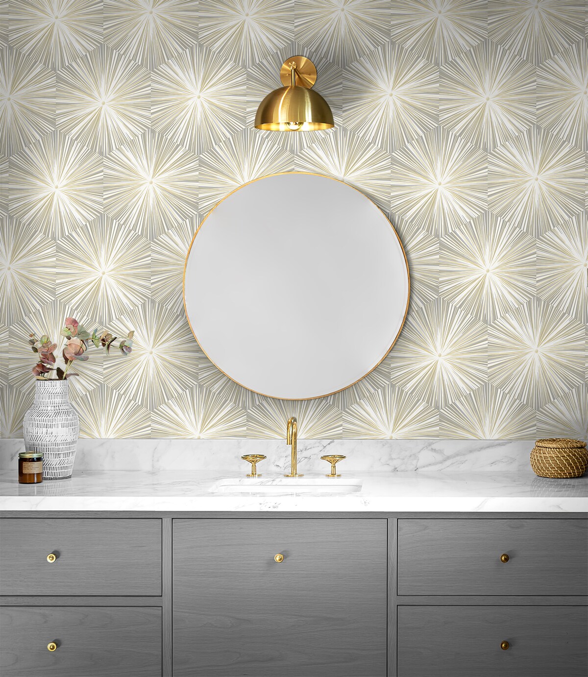 Grey and Metallic Gold Hex Starburst Peel and Stick Wallpaper
