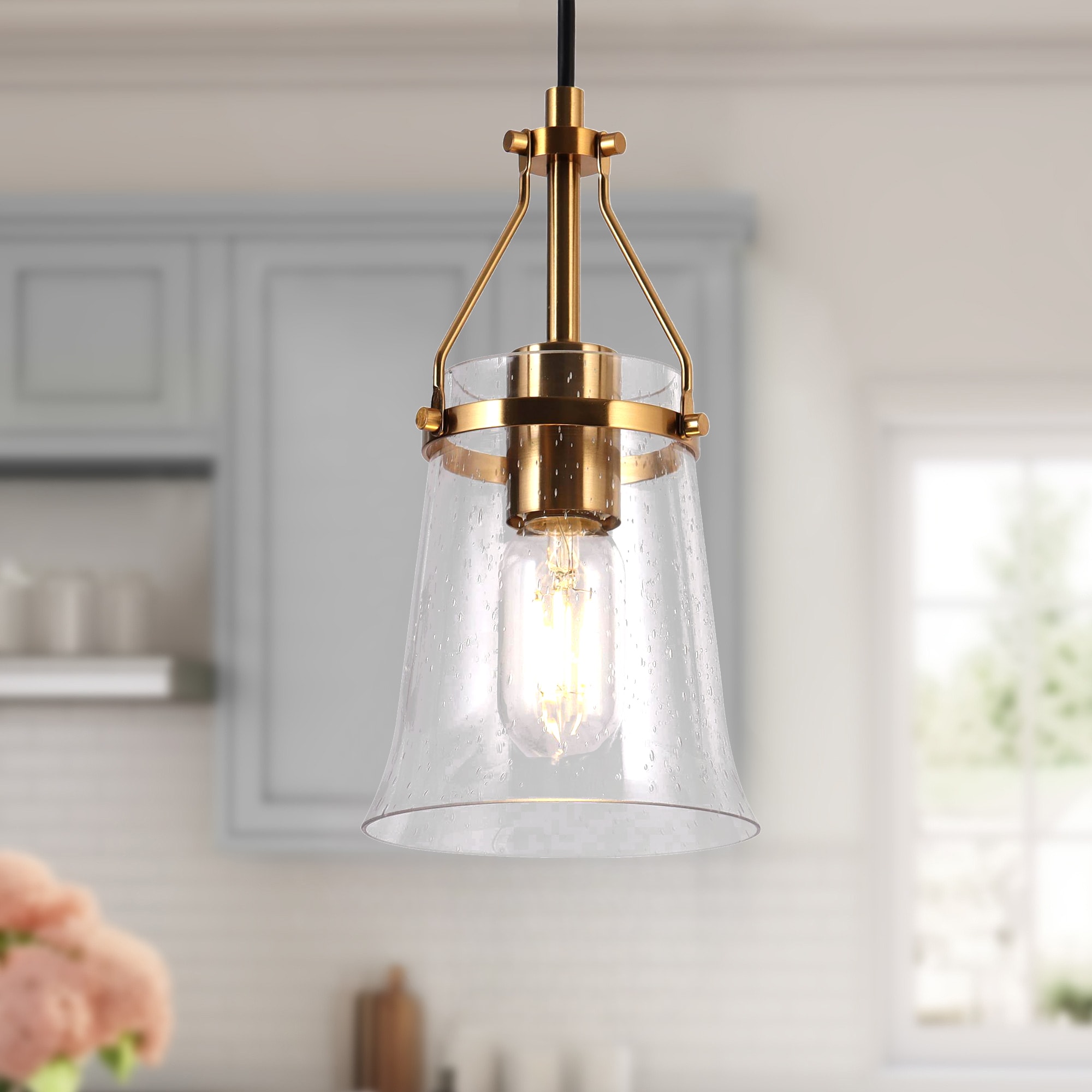 LNC LJ2EN7N971PR8C Auisre 1 -Light Polished Gold and Matte Black Modern/contemporary Seeded glass Bell Mini Hanging Kitchen island light