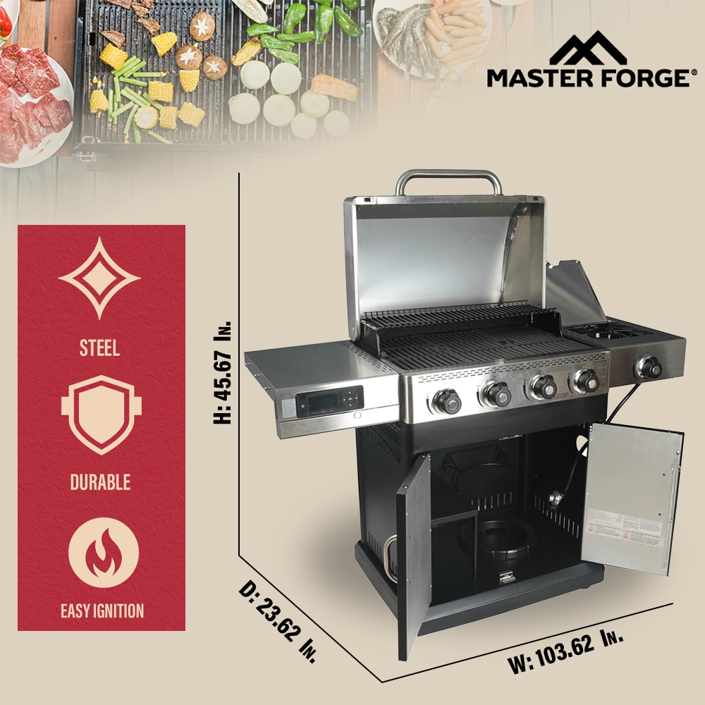 Master Forge Silver and Black/Stainless Steel and Powder Coated 4-Burner Liquid Propane Gas Grill with 1 Side Burner GBC22483L Sansujyuku sansujyuku.com