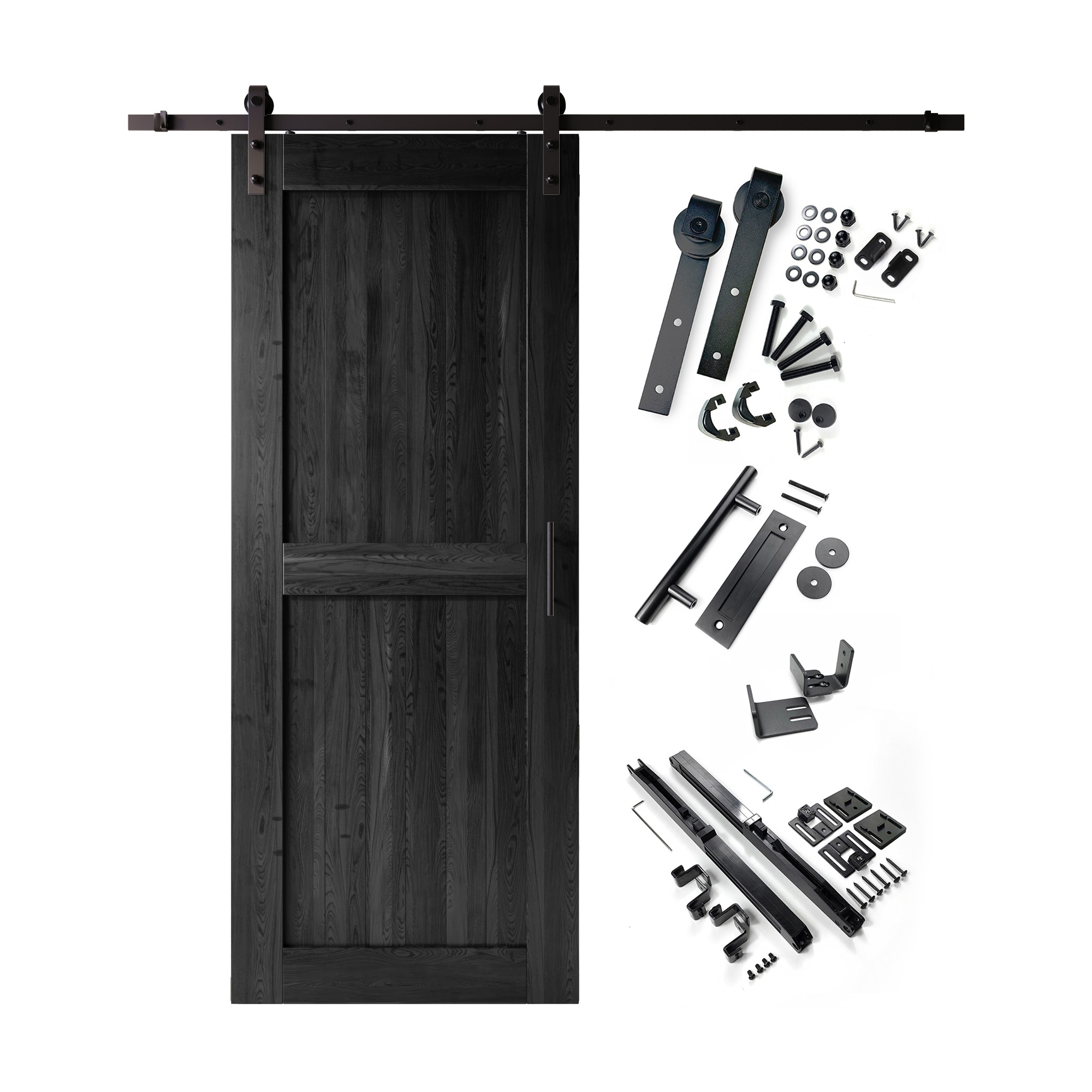 HOMACER YT1TGH079C-3696-H-BK 36-in x 96-in Black Prefinished Mid-Bar Pine Wood Solid core Single Barn Door (Hardware Included)
