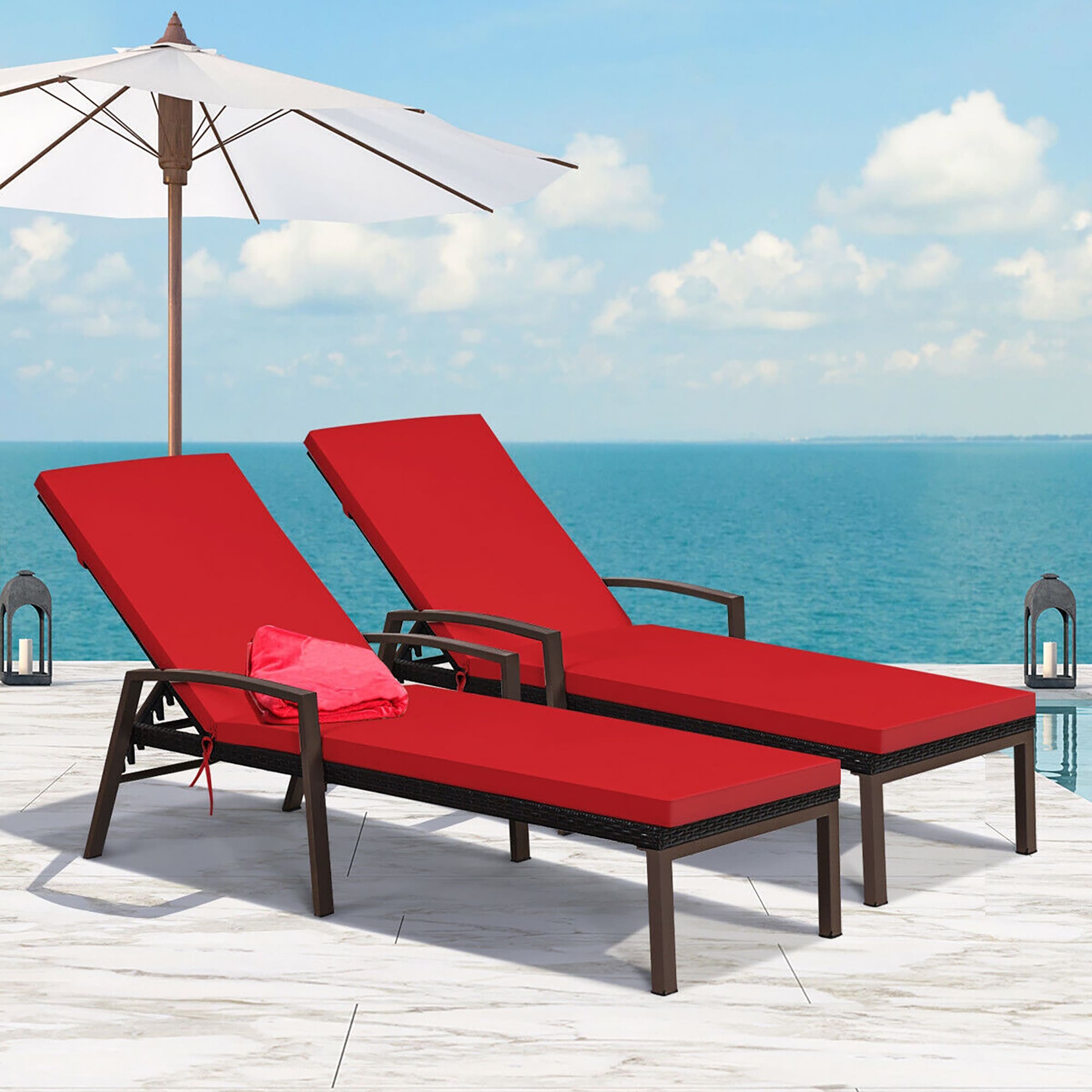 BABOOM BOM-62RE-CO Patio Rattan Reclining Chairs Set of 2 Rattan Black and Brown Steel Frame Stationary Chaise Lounge Chair with Red Polyester Cushioned Seat