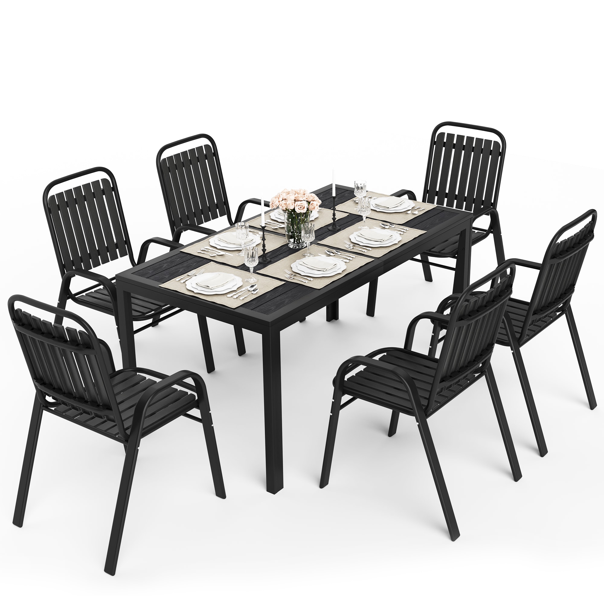 PamaPic 7 -Piece Black Patio Dining Set Plastic Rectangle Table with 6 Stackable Stationary Chairs