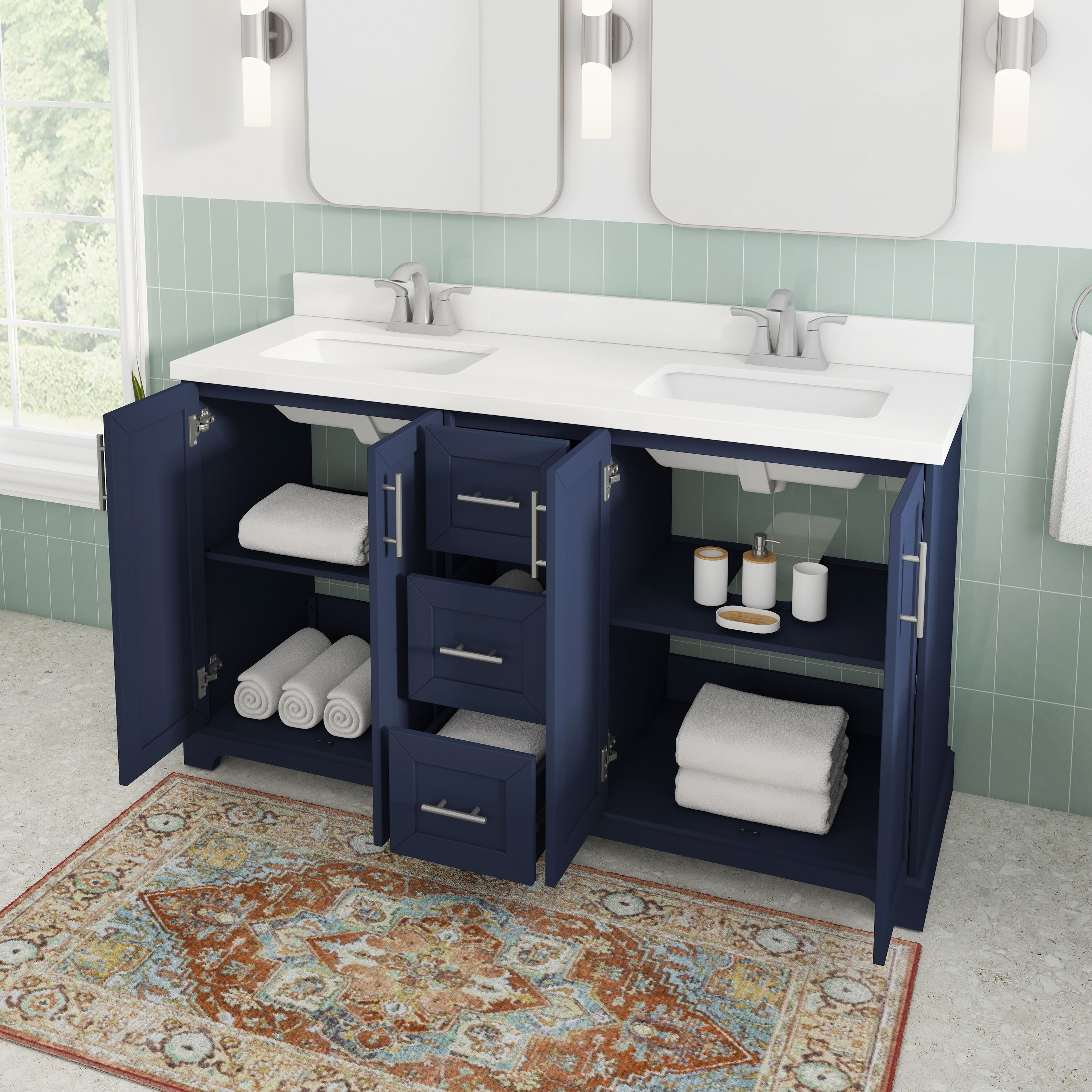 Ellia 72in Navy Blue Dual Sink Bathroom Vanity