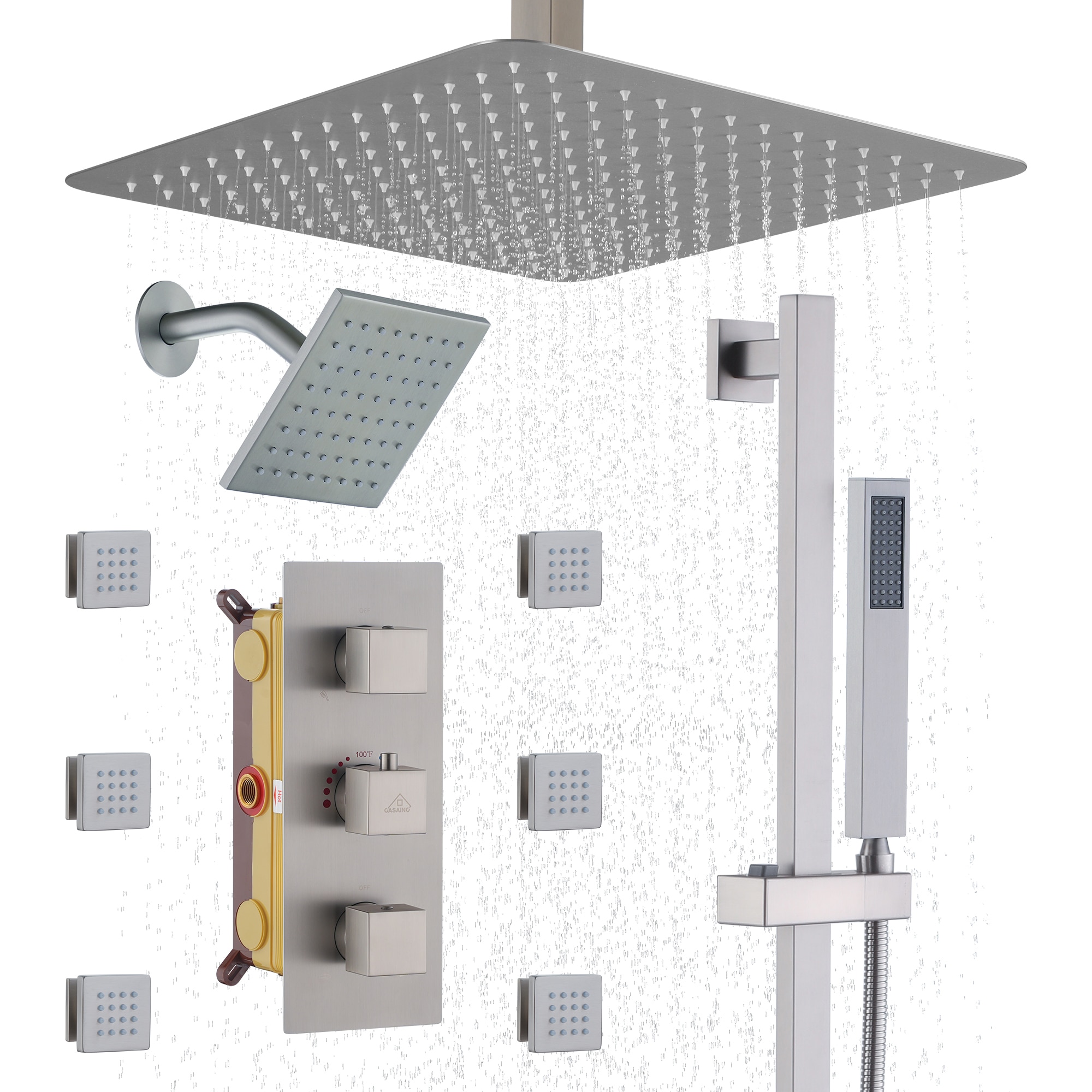 CASAINC KCHS0019-16BN Brushed Nickel 16-in Built-In Shower Faucet System with 3-way Diverter ( Thermostatic Valve Included )