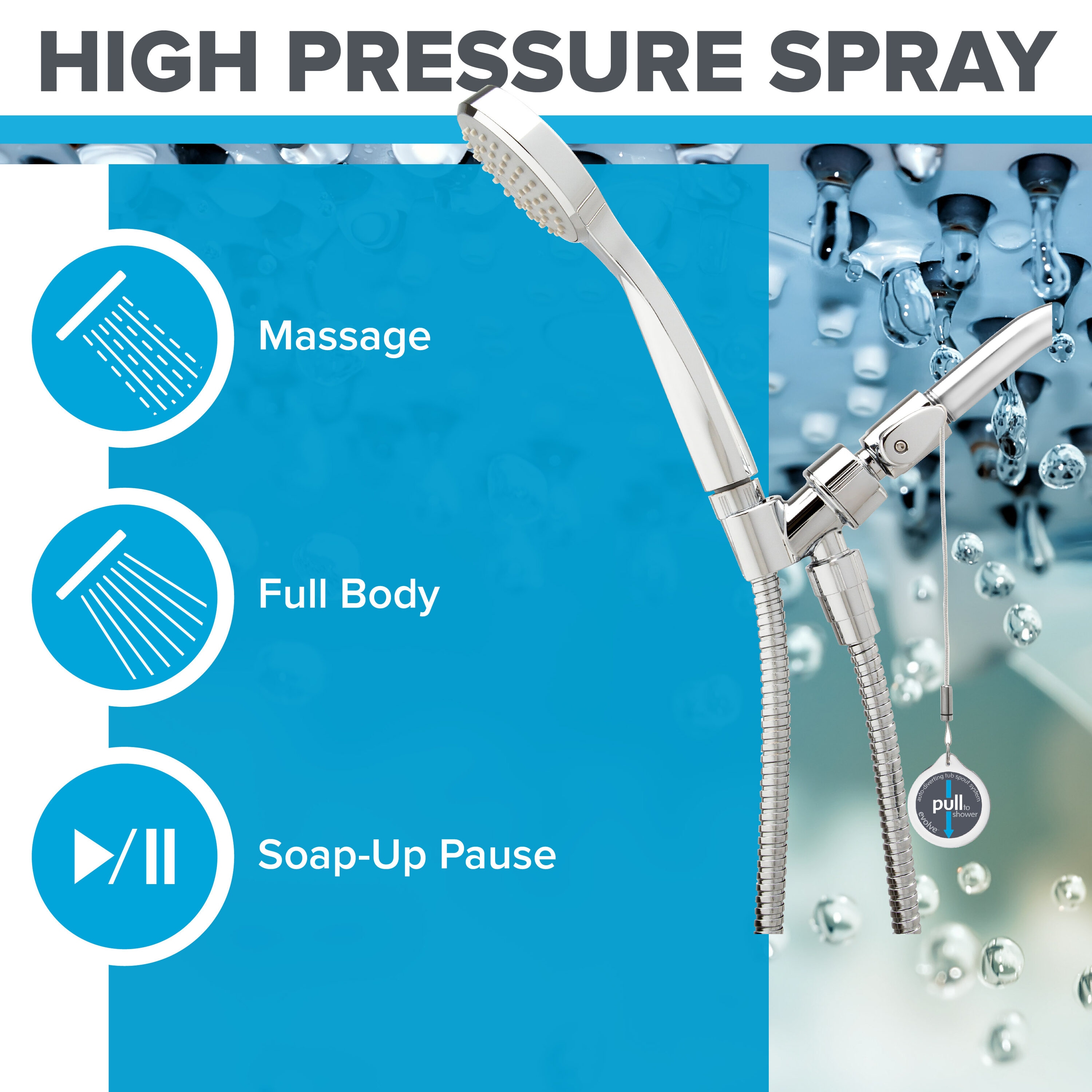 Chrome Handheld Wall Mounted Shower Head with 3 Spray Settings