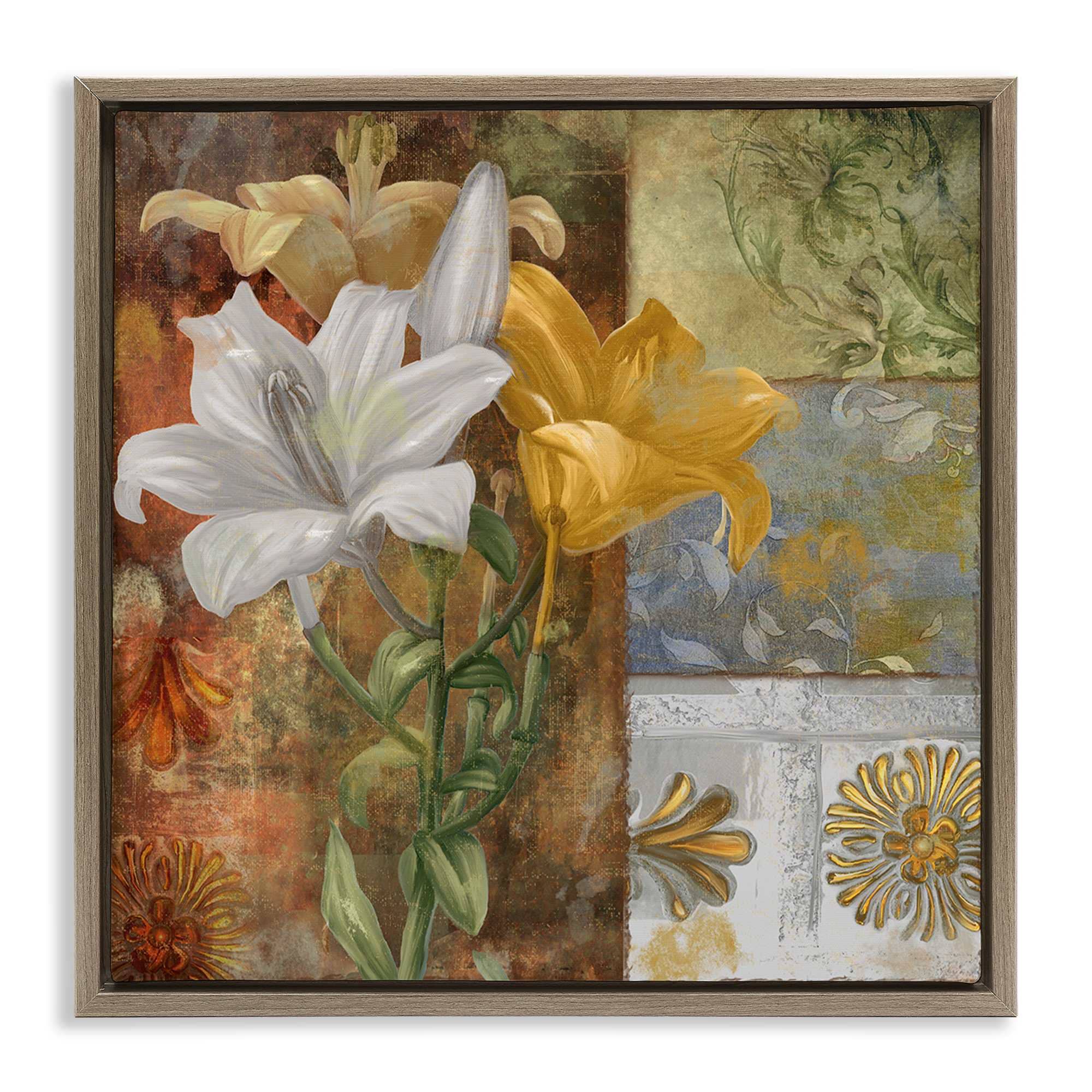 Stupell Industries BT-002-FFE-24X24 Blooming Lilies on Tile Pattern Brown Framed Floater Canvas Wall Art By Sasha 25 x 25