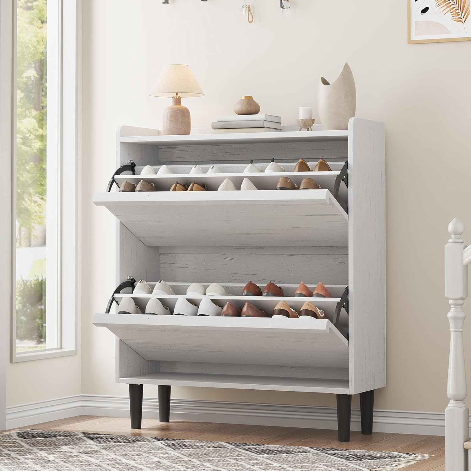 WhizMax Adjustable Wooden Shoe Organizer Storage Cabinet with 2 Flip Drawers for Entryway Hallway Living Room Natural White