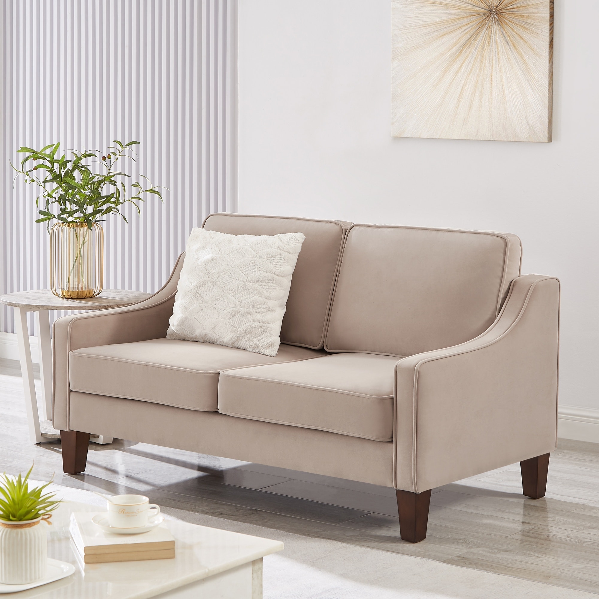 Horizons Prime - 51 inch Taupe Velvet 2-Seater Loveseat Sofa with Spring Seat Cushion and Solid R...
