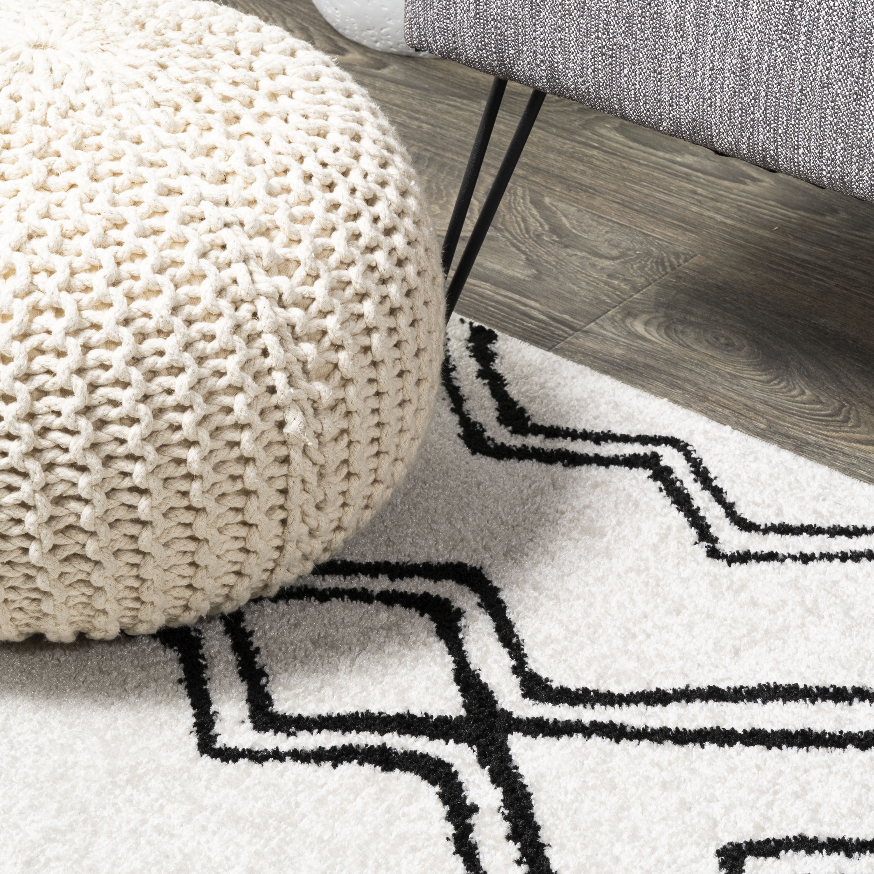 Deia Black and White Geometric Shag Area Rug