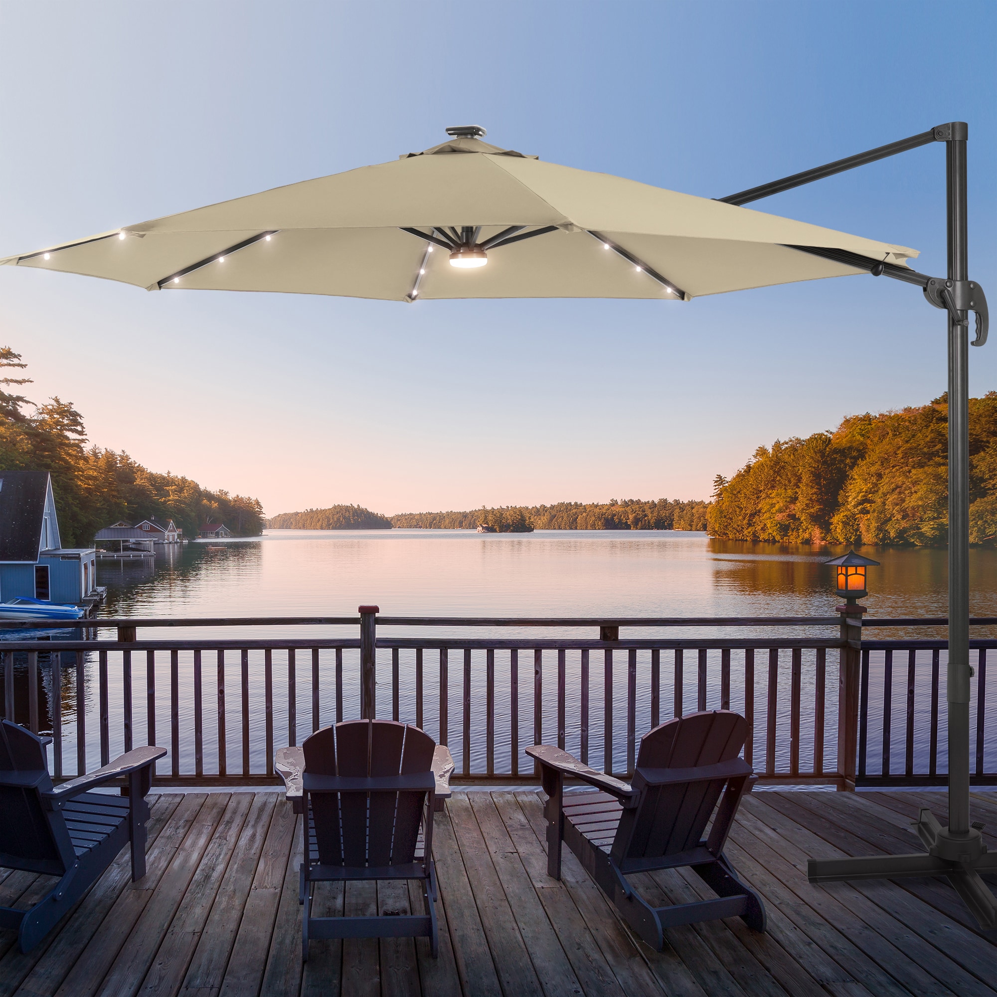 Sonkuki SD-MN12M-LED 10-Feet Aluminum Off-white No-tilt Cantilever Patio Umbrella with Lights and