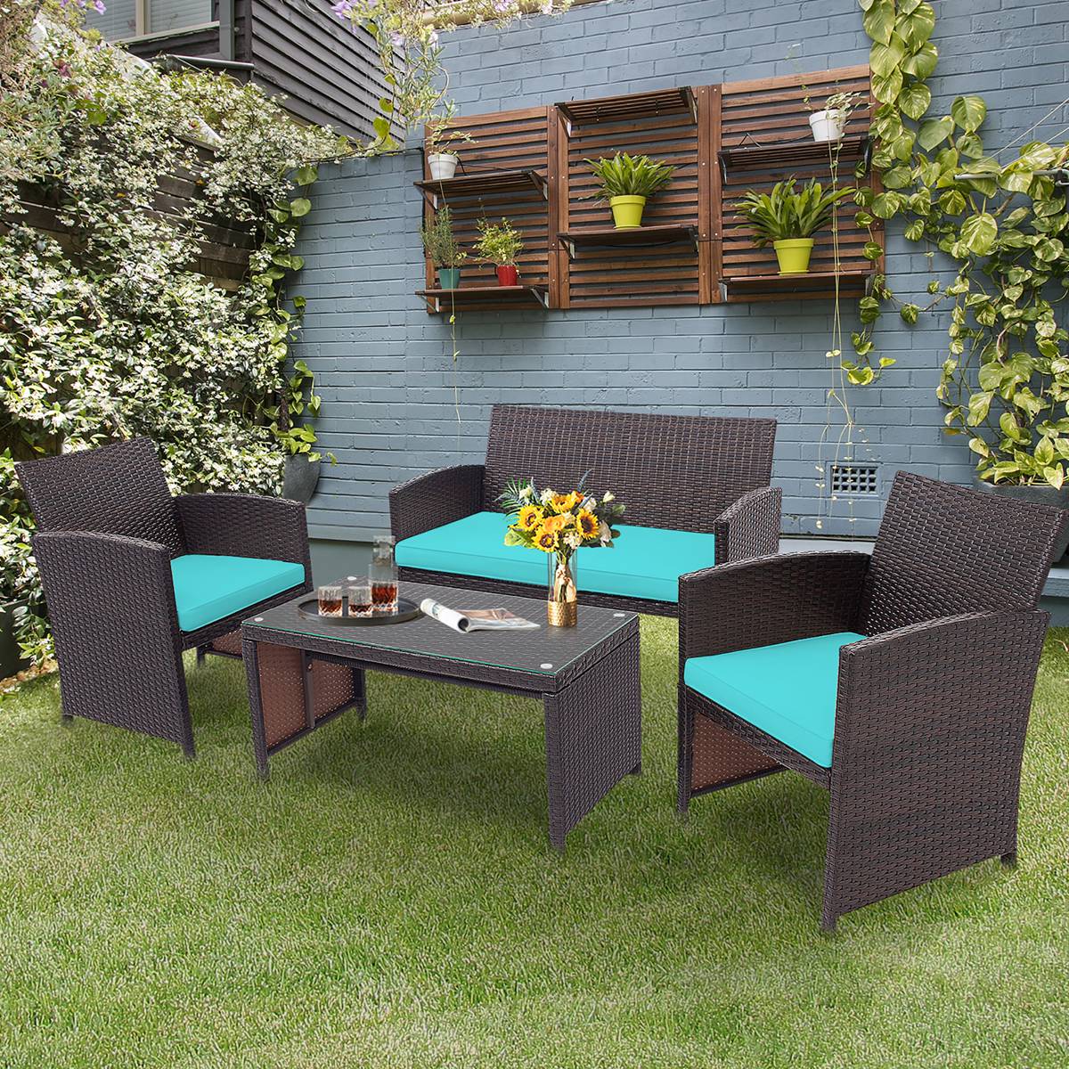 Costway GMA00095 4PCS Patio Rattan Furniture Set Cushioned Chair Sofa Coffee Table Turquoise