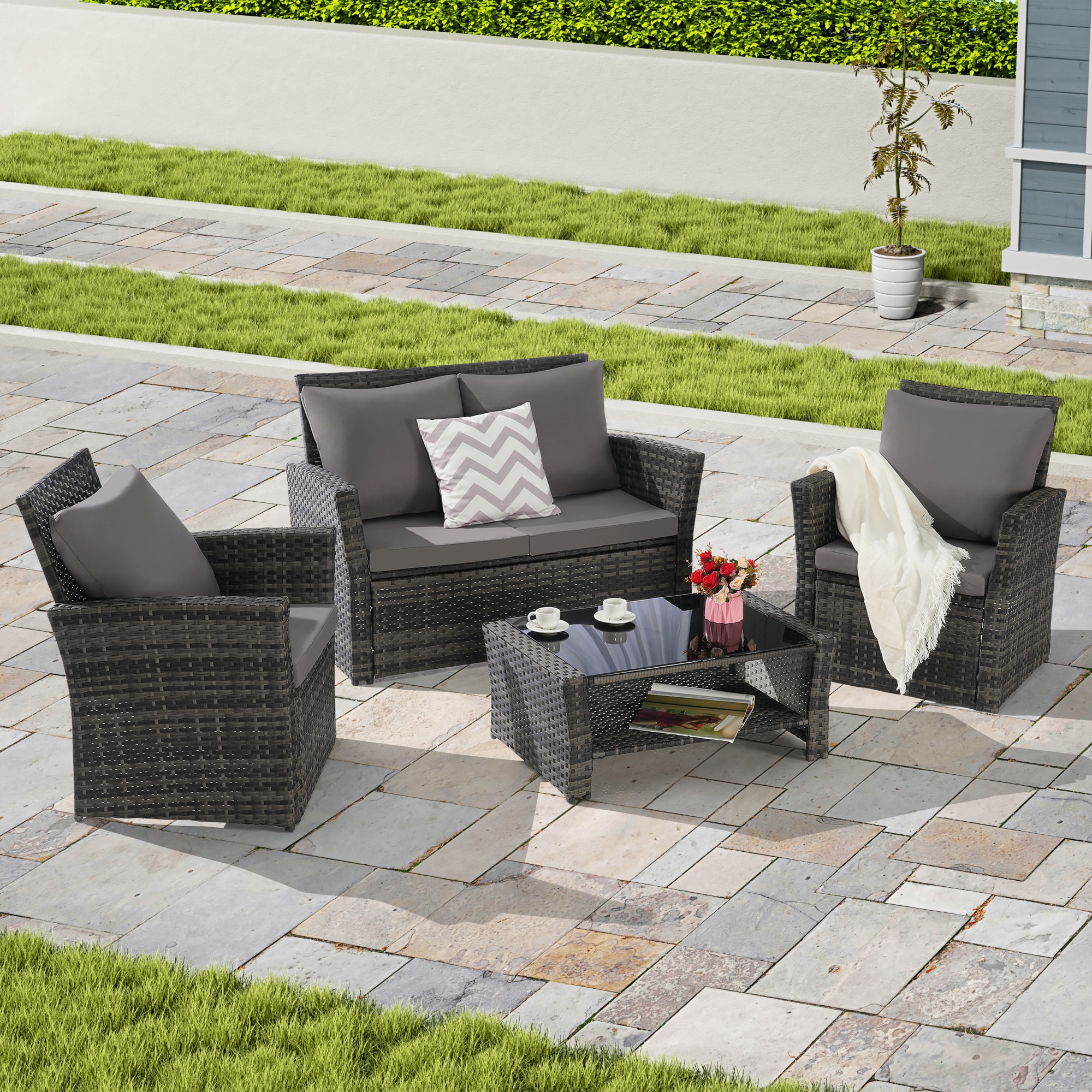 Forclover MONLDS11GY 4 -Piece Wicker Patio Conversation Set with Gray Cushions