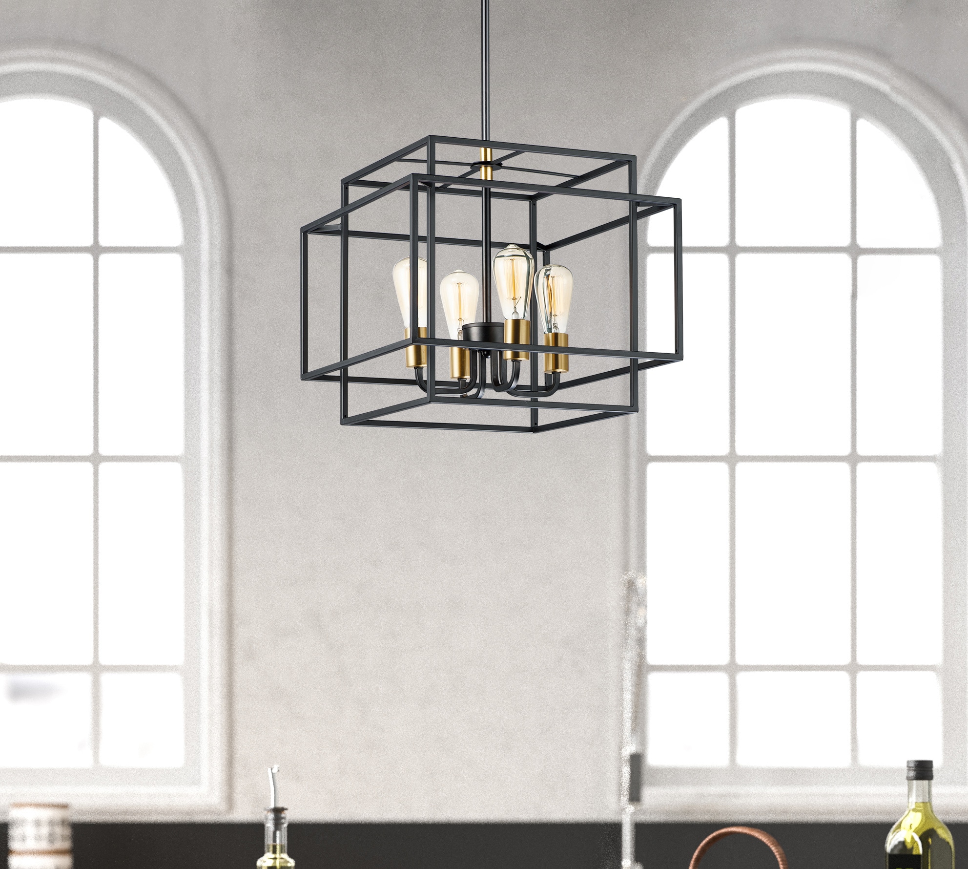 Matte Black and Brass Geometric Pendant Light