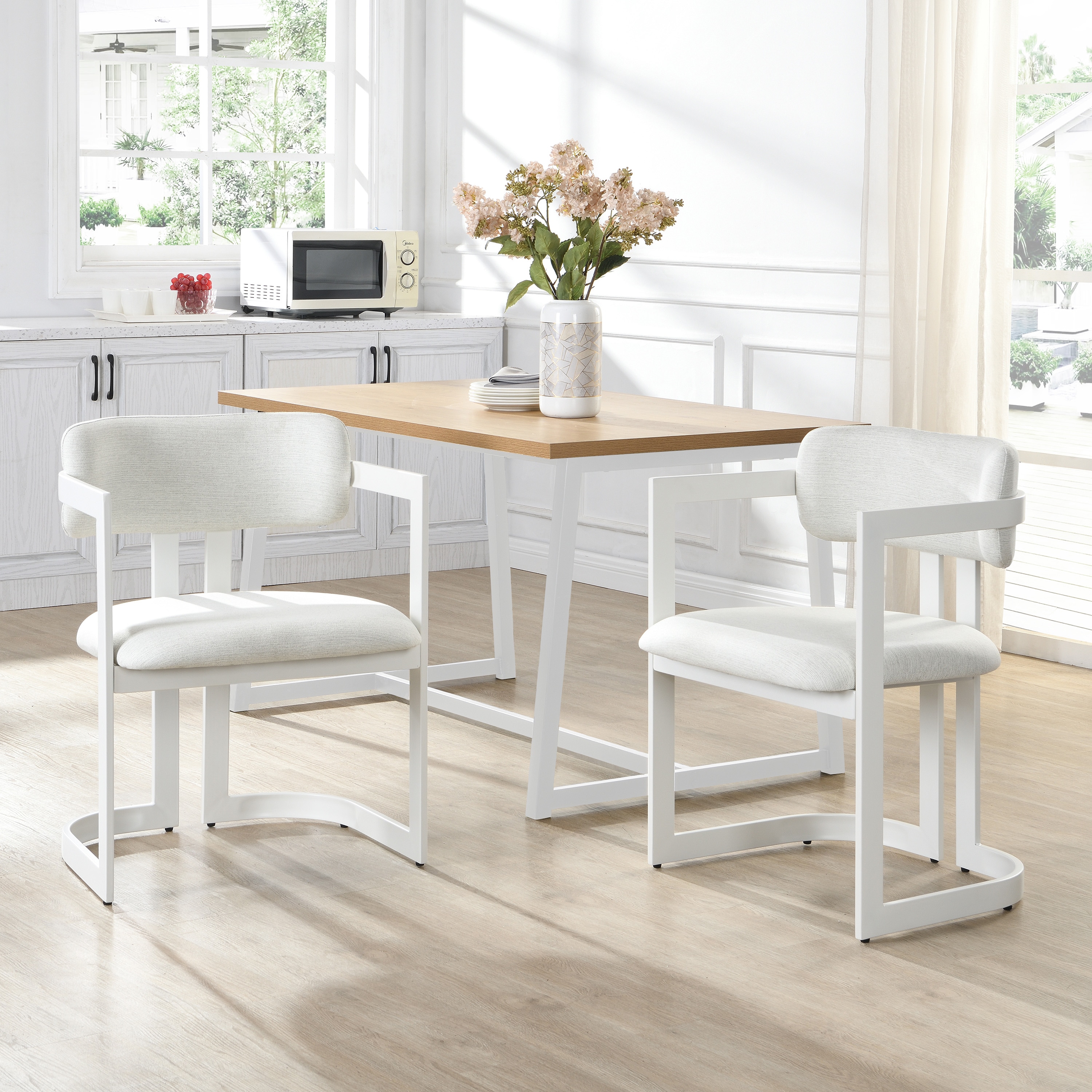 ModernLuxe L3P-N779P281141B Upholstered Dining Chairs Set of 2 Fabric Armchairs with Beige Seating White Metal Frame 265 LBS Weight Capacity