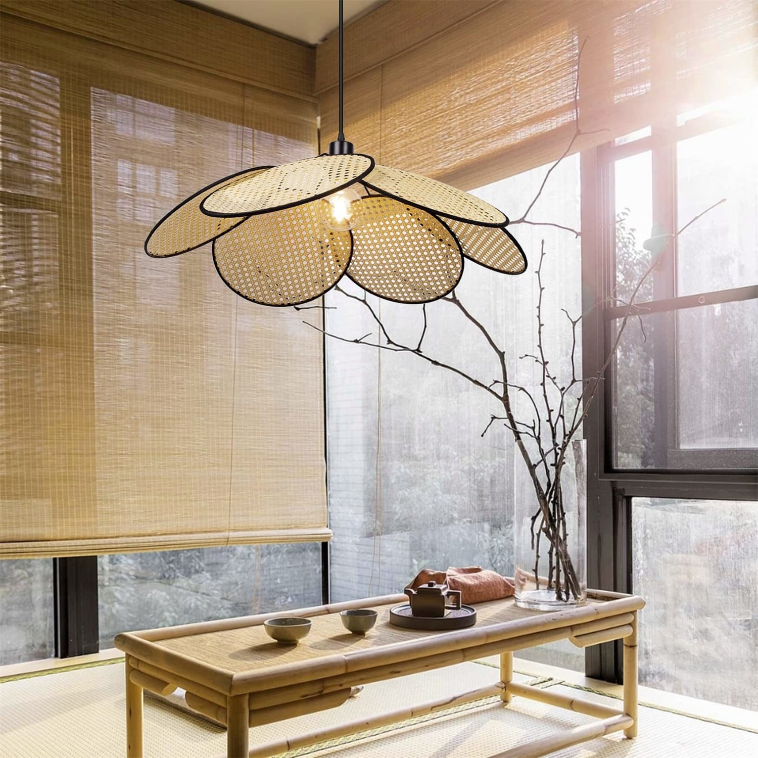 DEELIGHT D0102LJWHIFC2G-XLL A collection of illuminated screens, light and airy, a real work of technology and choice of materials, Inspired by vintage universes and designs, this illuminated suspension in cane trellis and black metal takes on the unique style and form