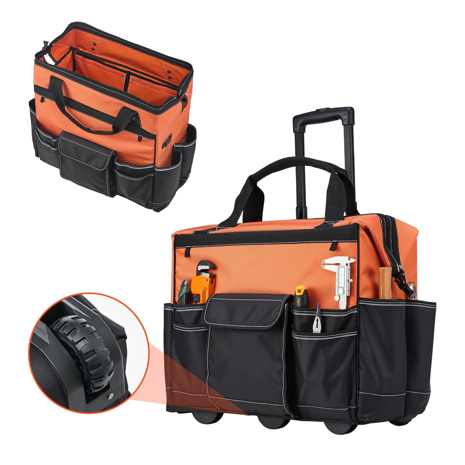 Mecale Rolling Tool Bag 27-Pocket 110 lb Capacity Wide-Mouth Tote on Wheels with Telescoping Handle Black