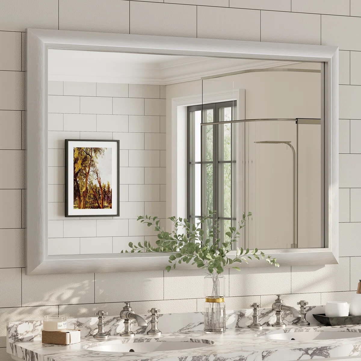 YQP 48x32 Inch Rectangle Thick Metal Framed Bathroom Mirrors with Tempered Glass