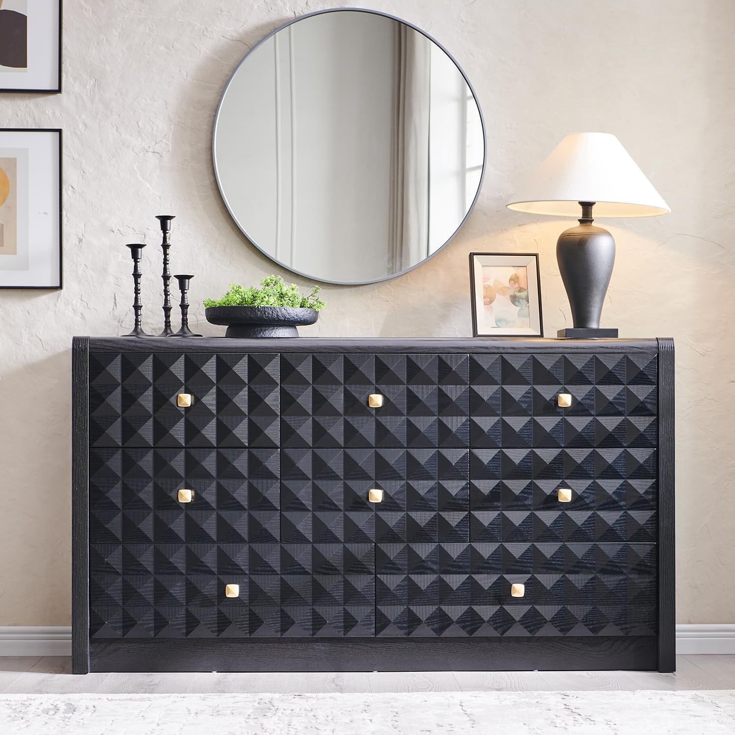 DecorUHome 8 Drawer Dresser for Bedroom 56 inch Wide Mid Century Modern Dresser Wood Chest of Dressers with Diamond Panel Decoration Black