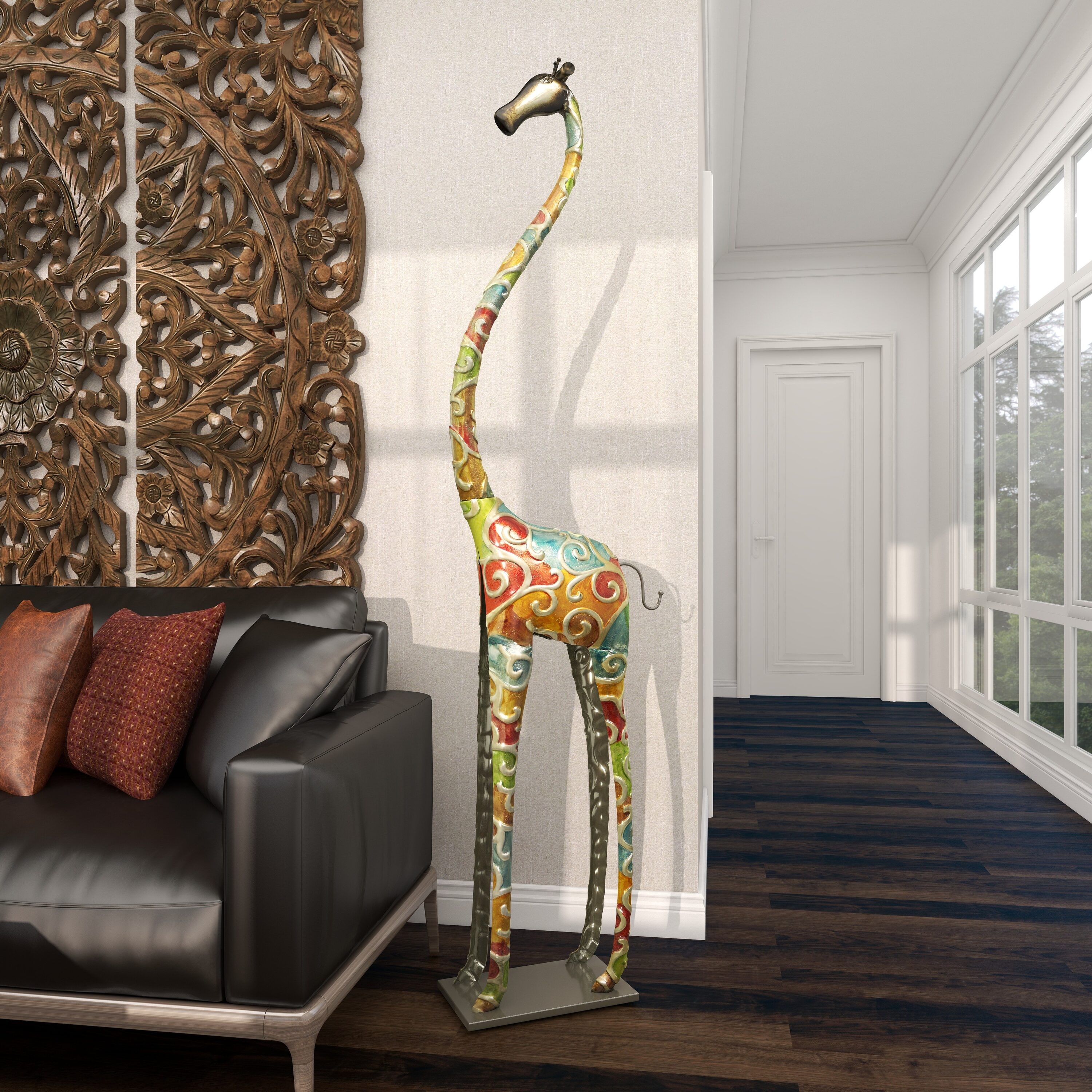 Extra Large Multicolor Metal Giraffe Sculpture with Embossed Detailing