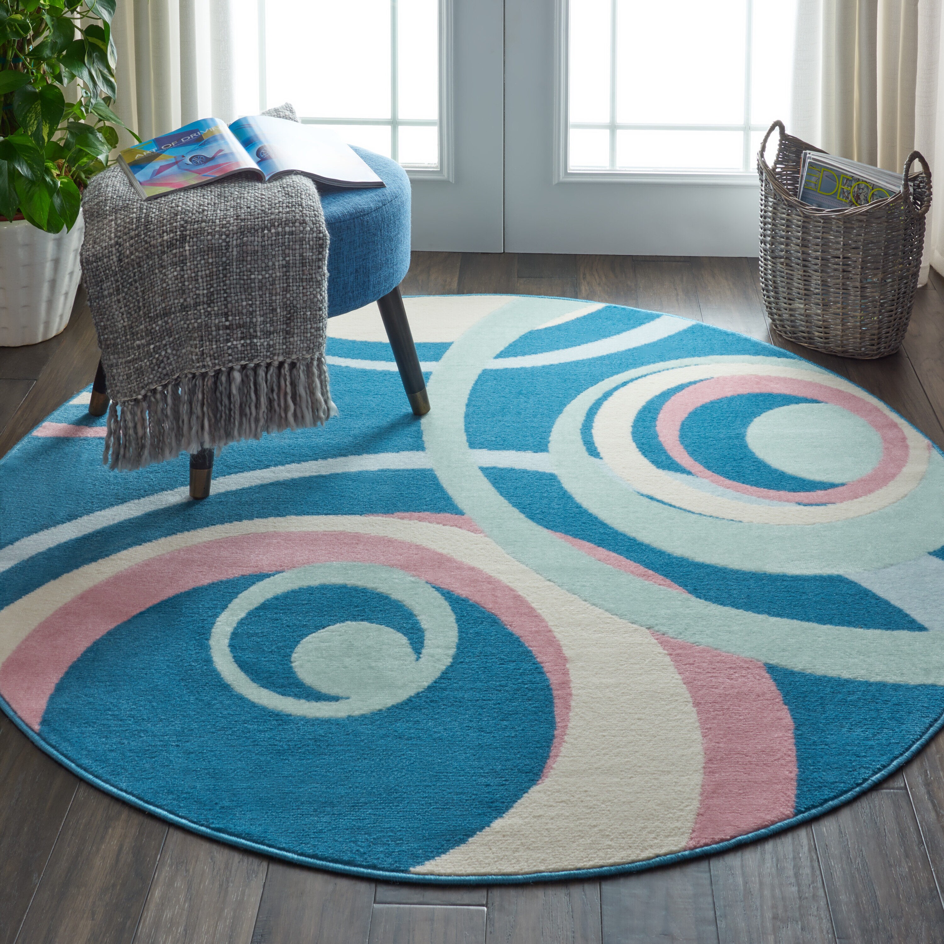 Nourison 99446481740 Grafix 5 x 5 (ft) Loomed Polypropylene Blue multi colored Round Indoor Abstract Area rug
