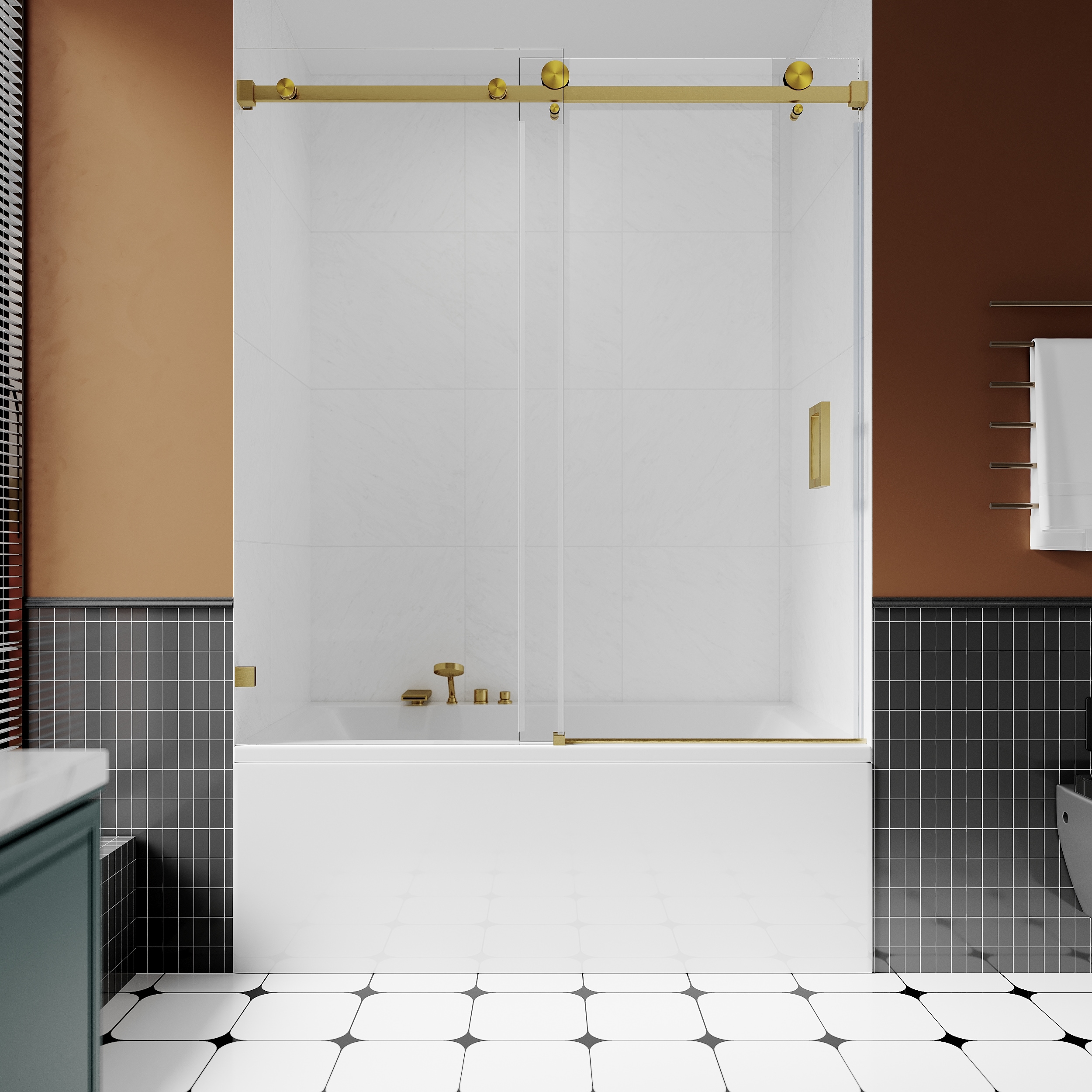 UNIKOO UKS05 56 in to 60 in x 66 in H Frameless Sliding Shower Door in Satin Brass with 3/8 in (10mm) Clear Glass