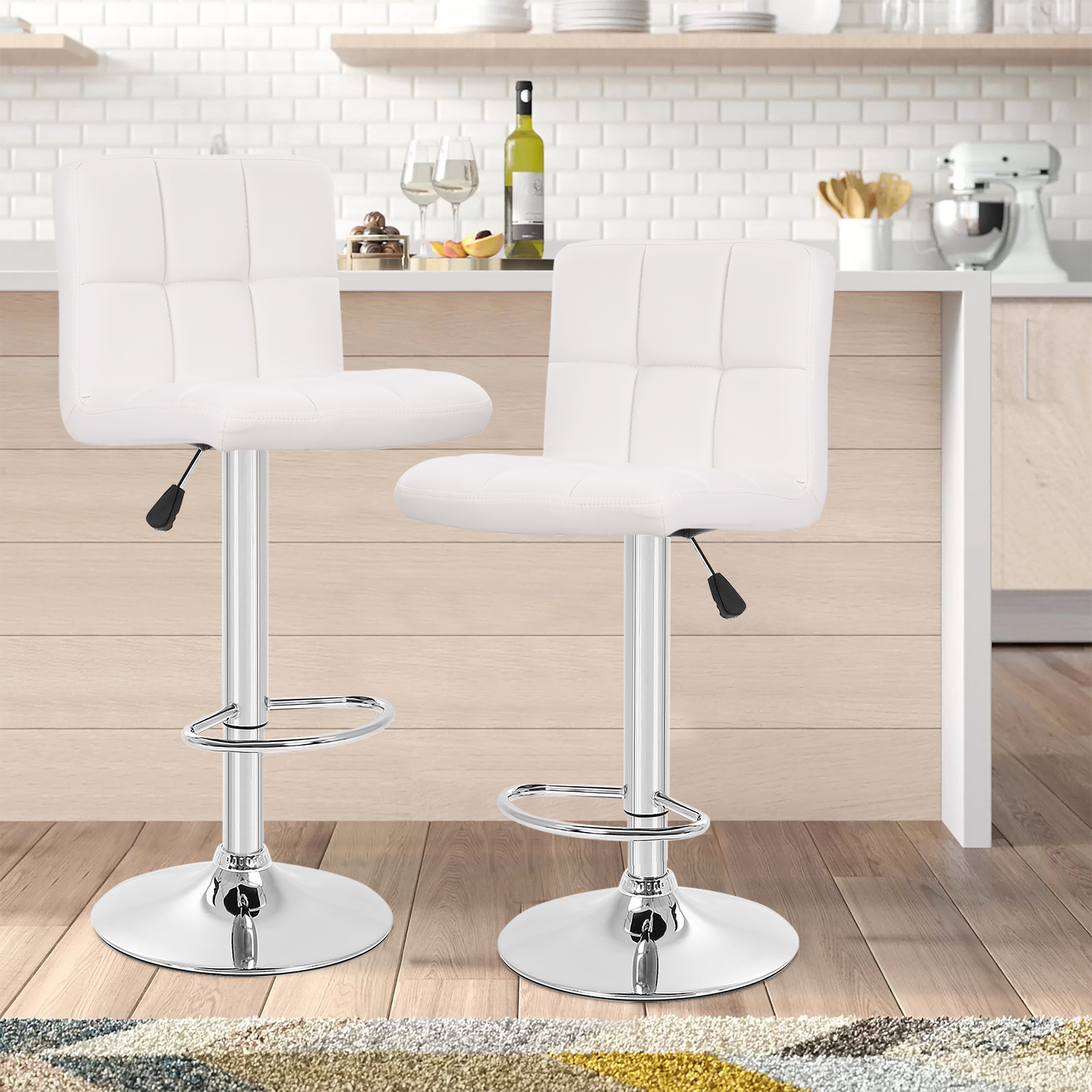 Furniture of America 004L-B06-WH Reiner 2 -Set White 25.2-in H Adjustable Height Tall Square seat Upholstered Swivel Metal Bar Stool and Back