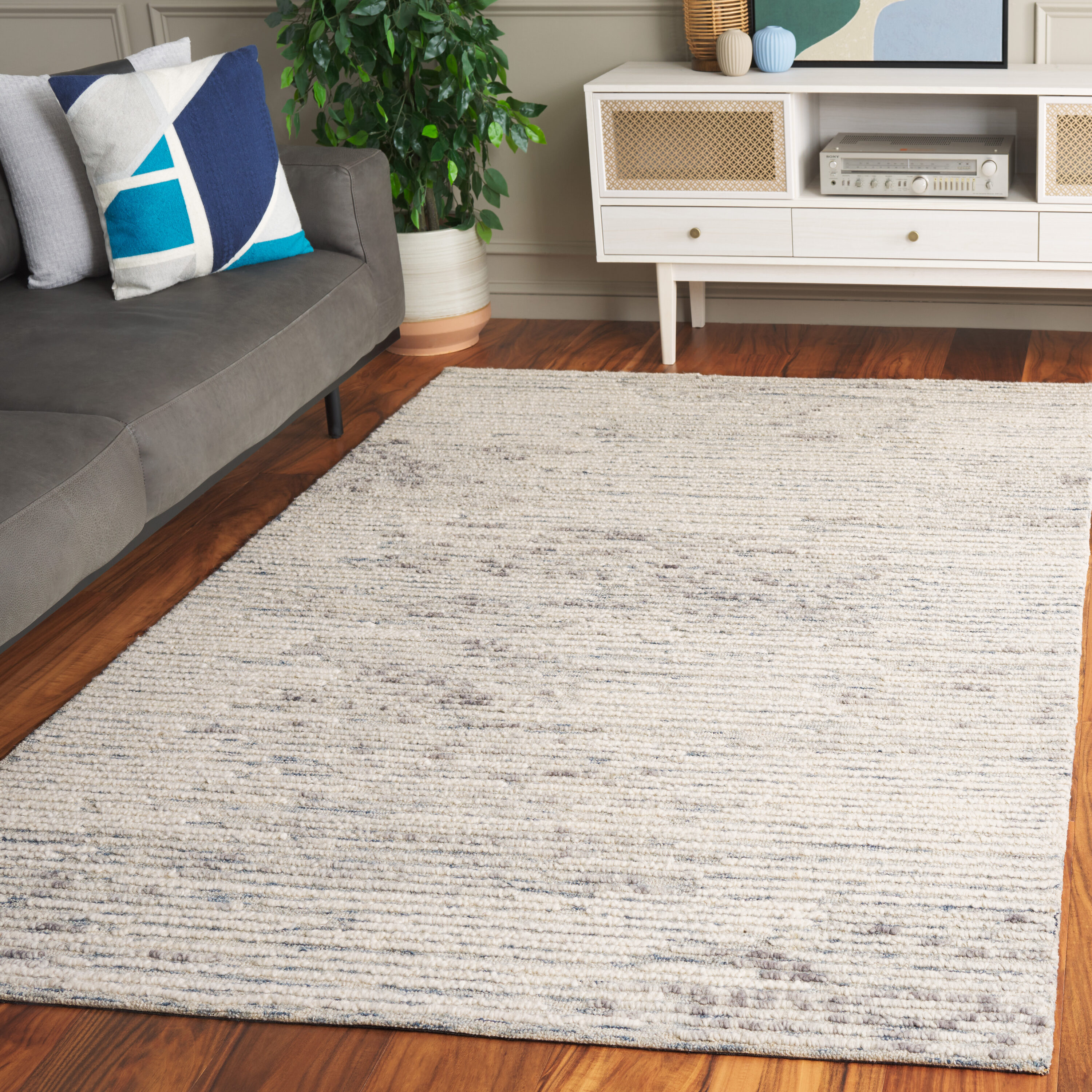Abstract 8 x 10 (ft) Tufted Wool Blue/Ivory Rectangular Indoor Abstract Mid-Century Modern Spot Clean Only Area rug
