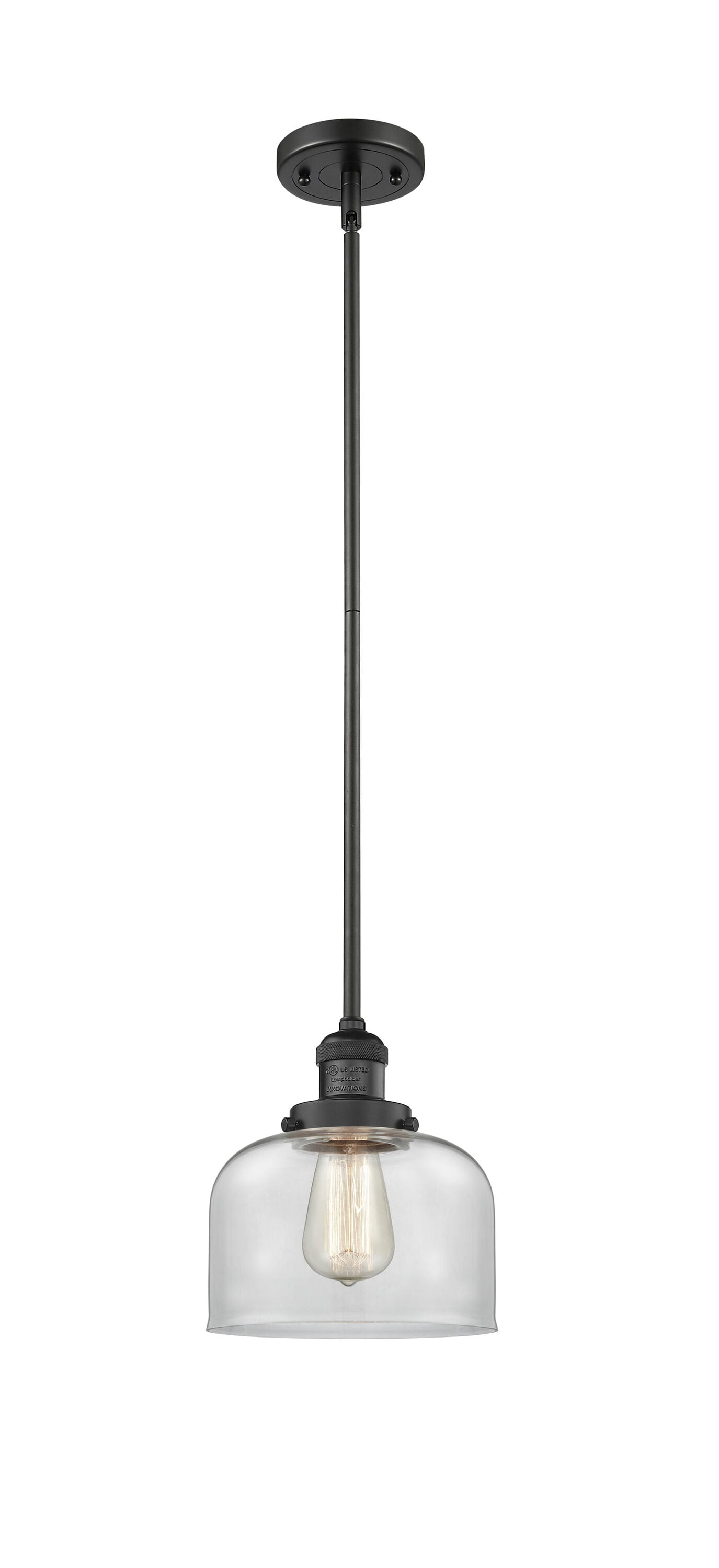 Innovations Lighting 201S-BK-G72-LED Bell Matte Black, Clear Industrial Clear glass Bell Mini Hanging Pendant light