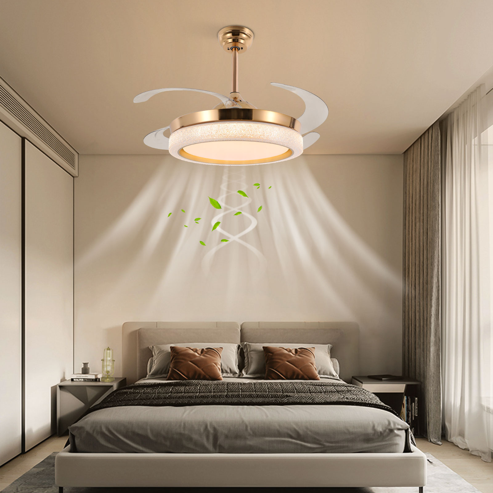 Oukaning JZUCOD-018600US 42-in Color-Changing Integrated LED Gold ZR001 with ABS Blades Ceiling Fan With Light - Remote Included ( 4 -Blade )