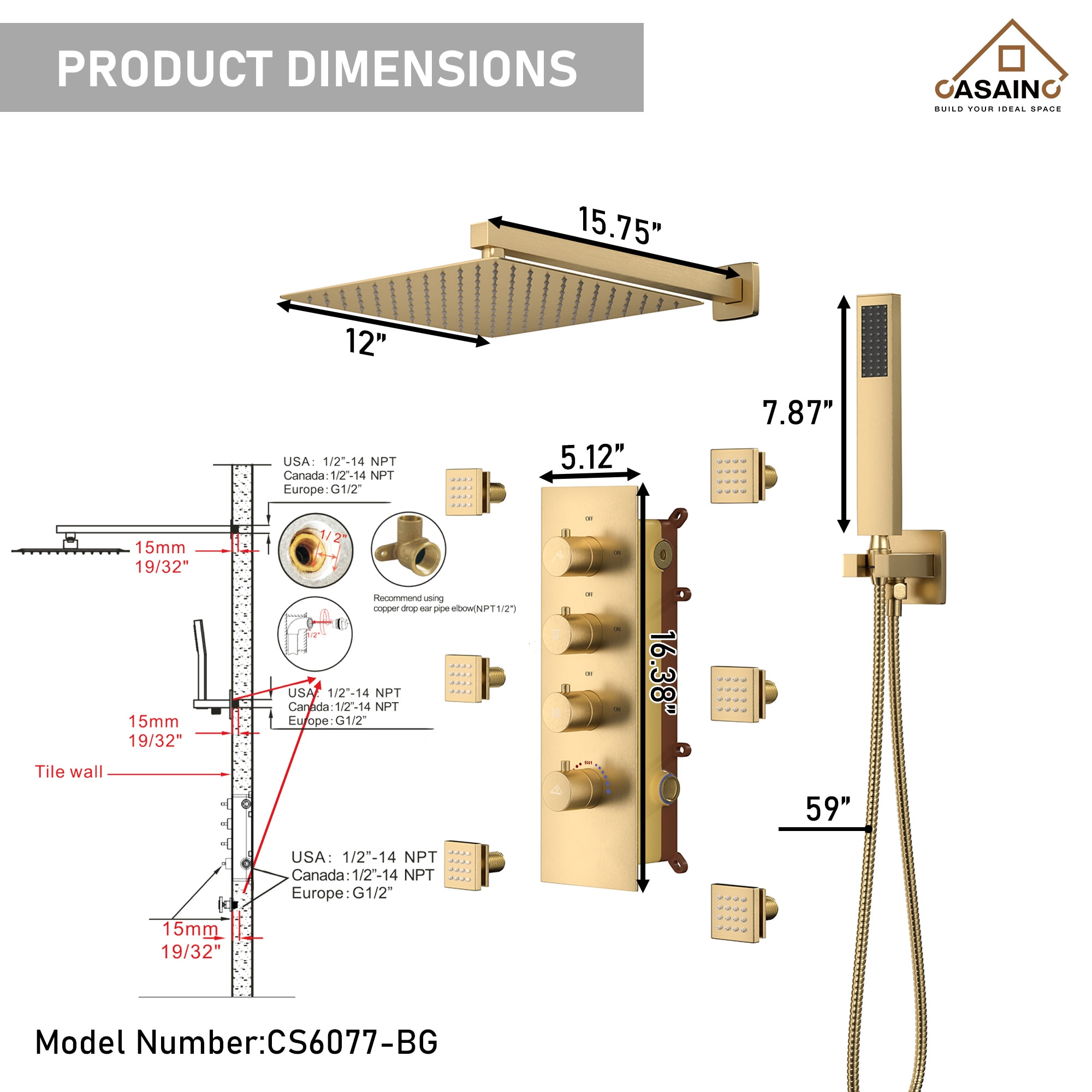 CASAINC CS6077-BG Showerhead-Bar-Panels - View #7